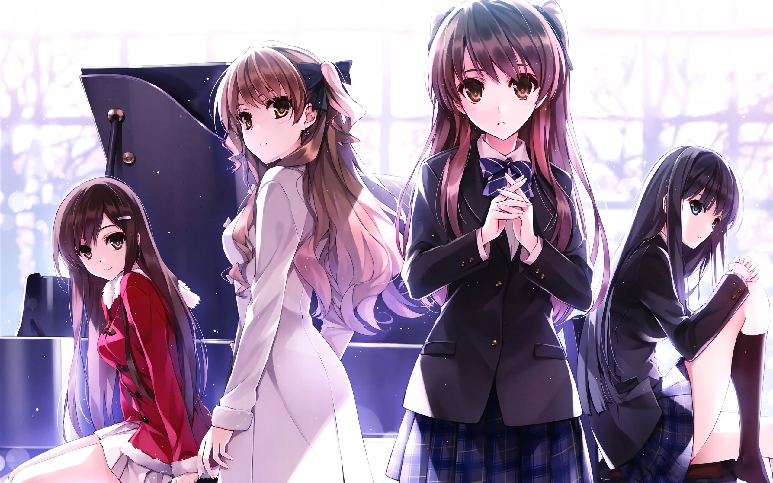 Wallpaper Four beautiful anime girls, schoolgirls, piano 2560x1600