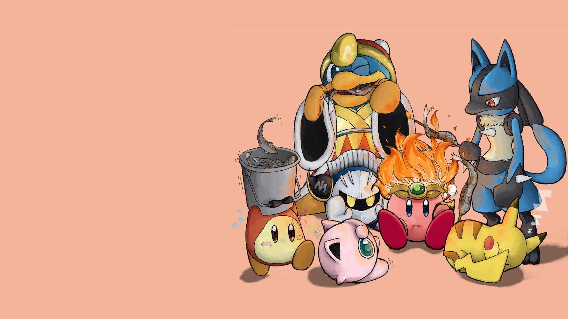Kirby Pokemon video games Pikachu King Dedede camping simple background Lucario Jigglypuff Metaknight Super Smash Brothers Waddle Dee wallpaperx1080