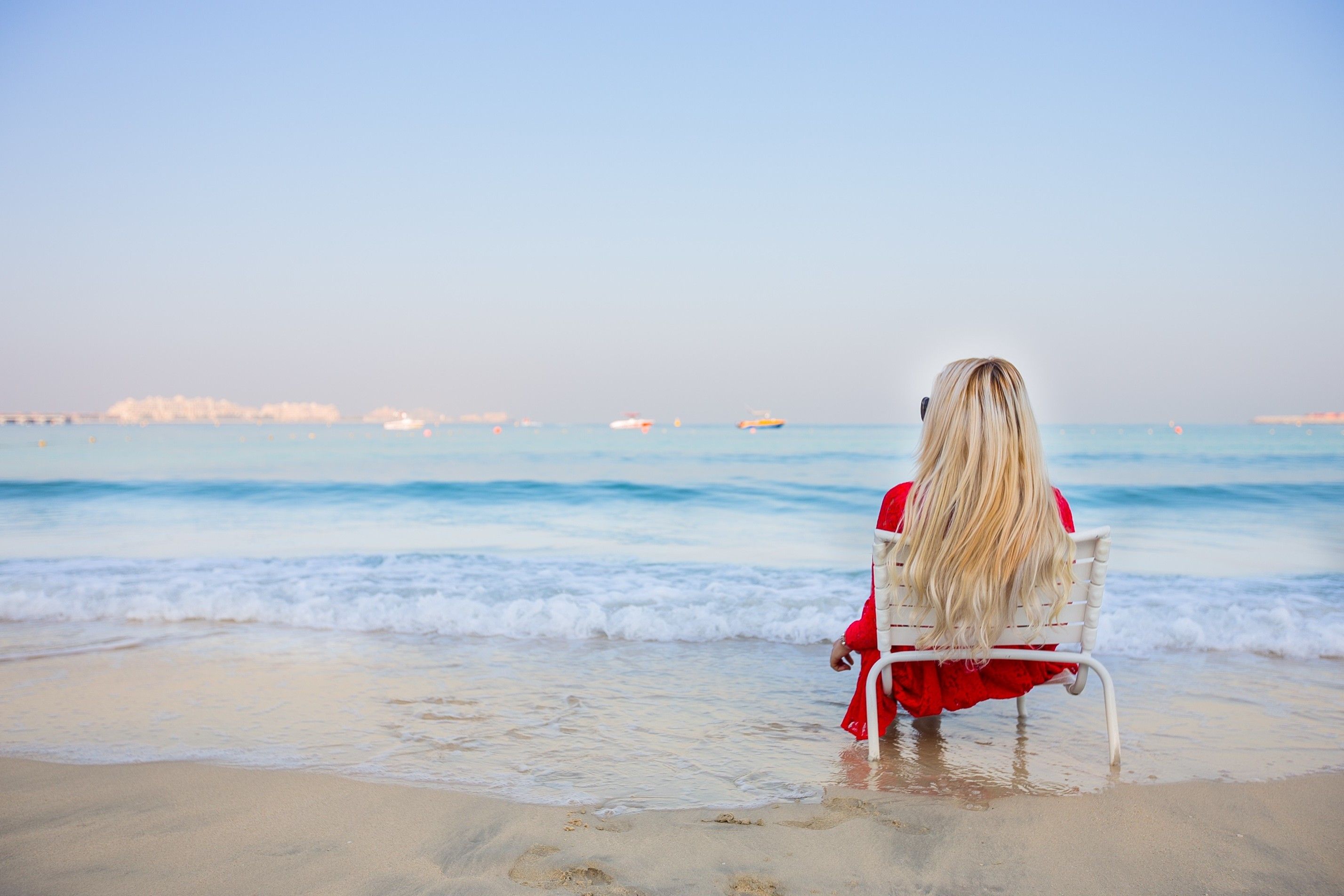 blonde, Women, Sitting, Beach, Sea, Chair Wallpaper HD / Desktop