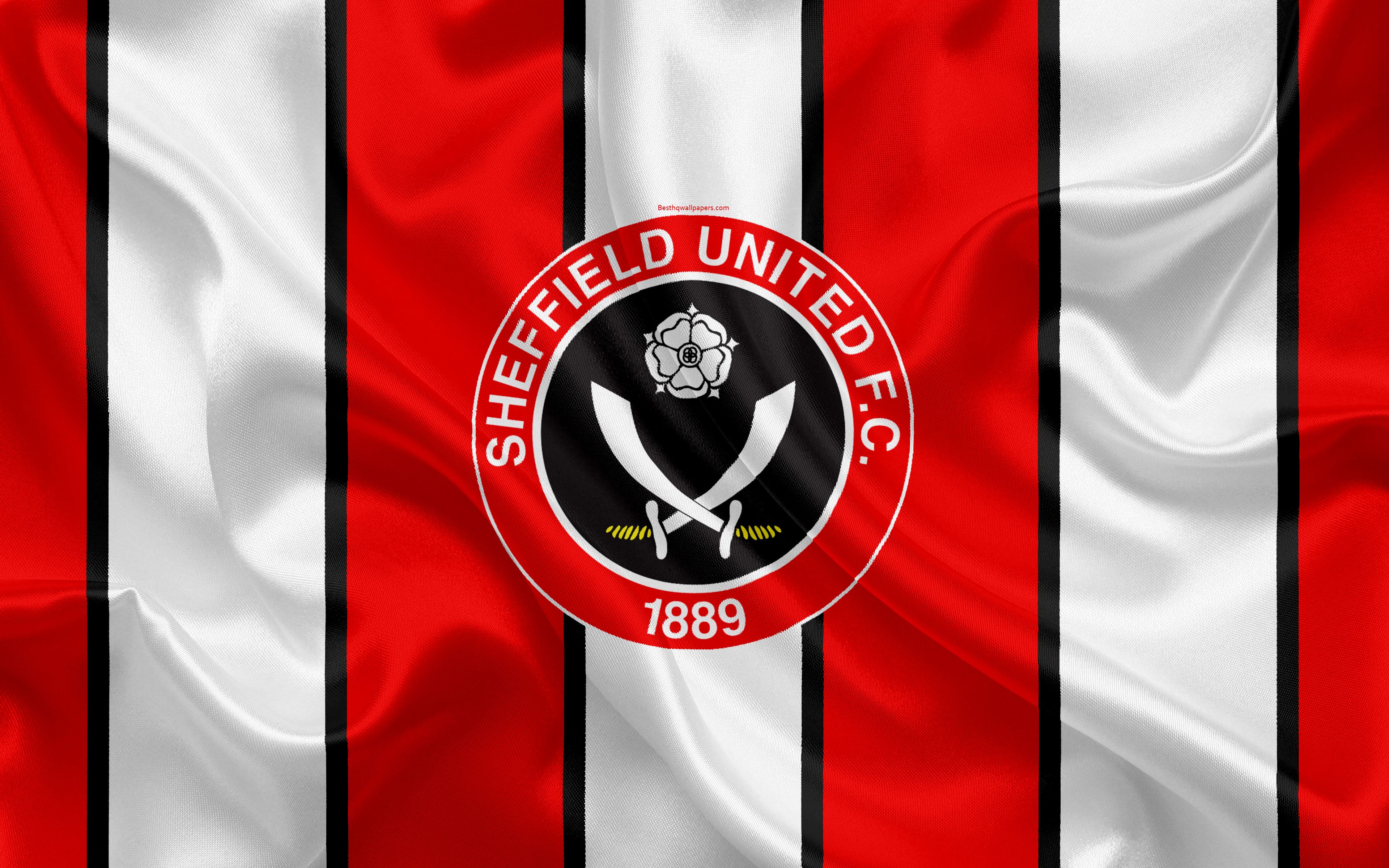 Download wallpaper Sheffield United FC, silk flag, emblem, logo