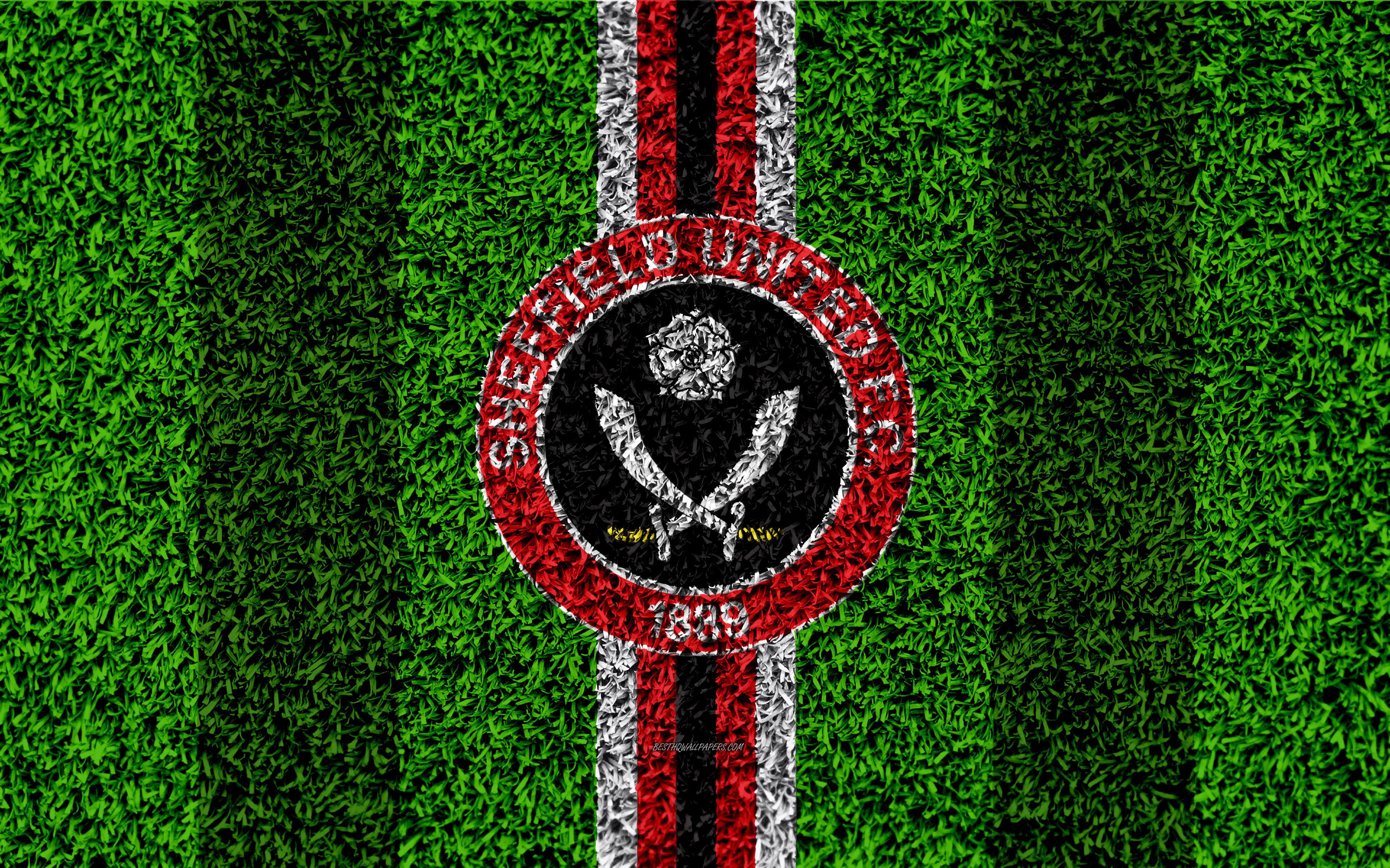 Download wallpaper Sheffield United FC, 4k, football lawn, logo