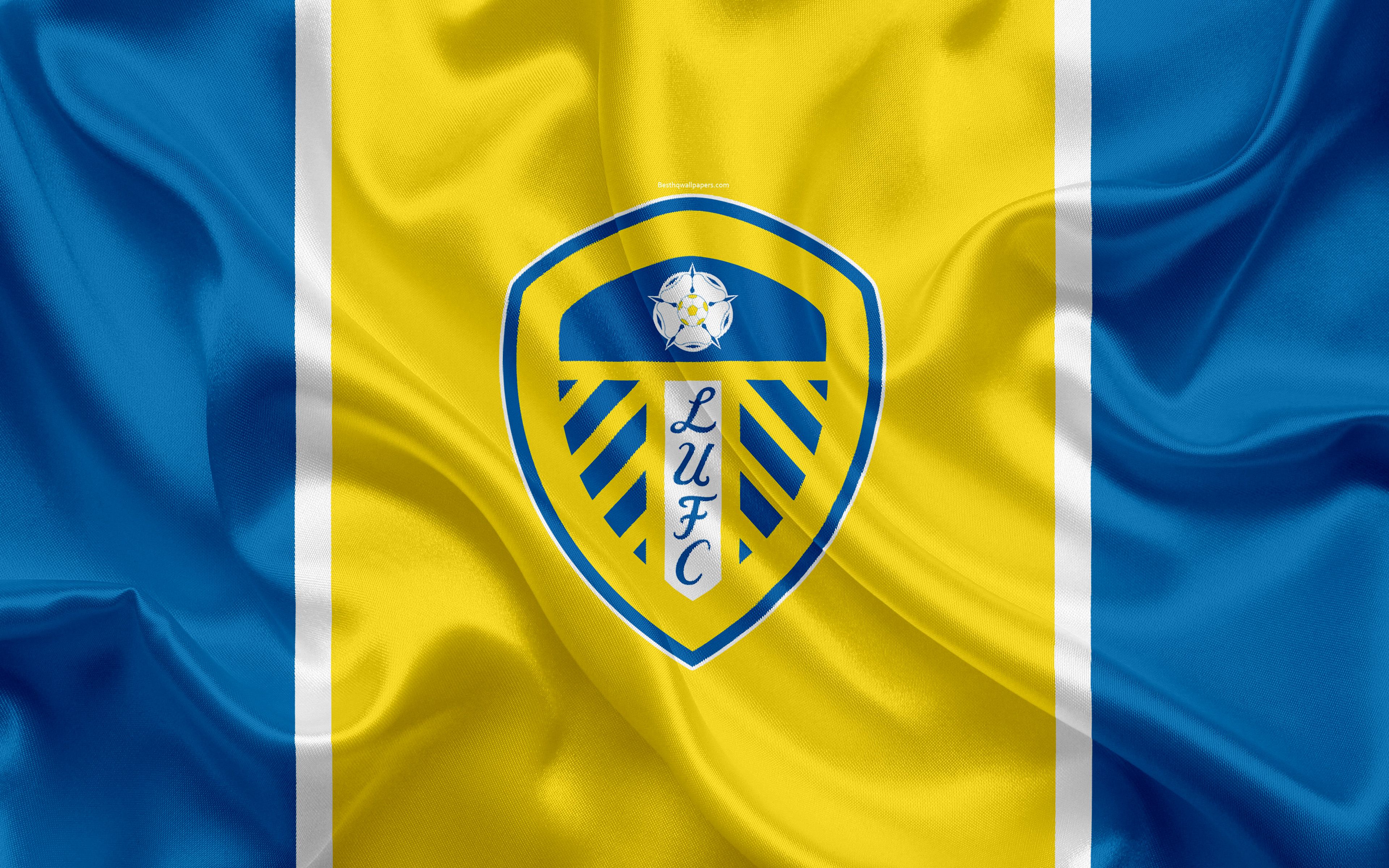 Download wallpaper Leeds United FC, silk flag, emblem, logo, 4k