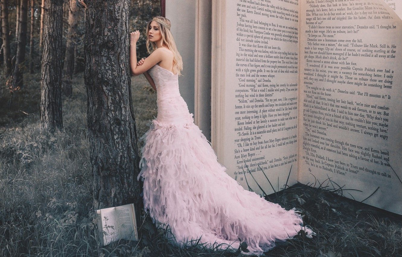 Wallpaper forest, girl, trees, trunks, crown, dress, book