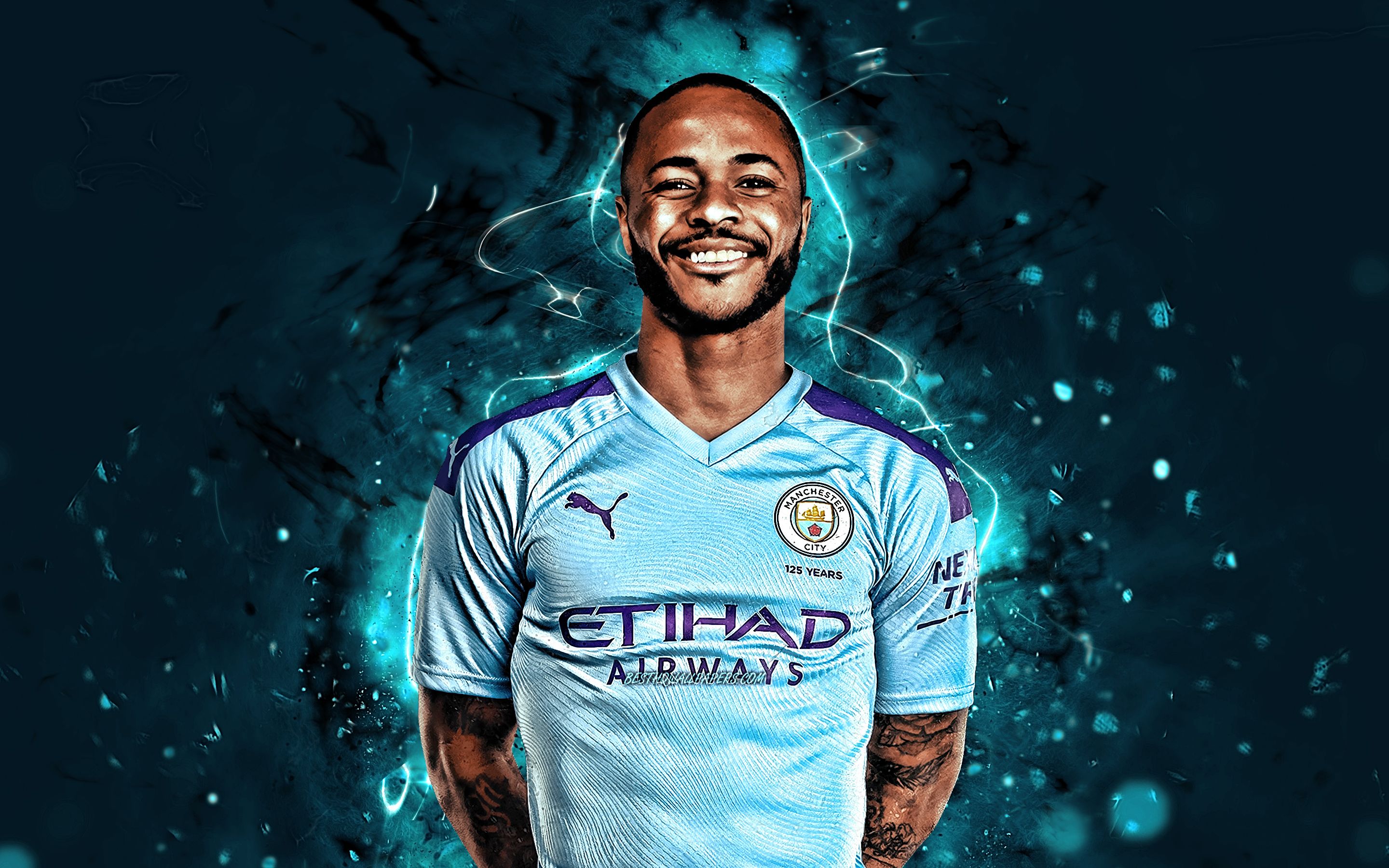 Download wallpaper Raheem Sterling, season 2019- english footballers, forward, Manchester City FC, neon lights, Raheem Shaquille Sterling, soccer, Premier League, football, Man City for desktop with resolution 2880x1800. High Quality HD picture