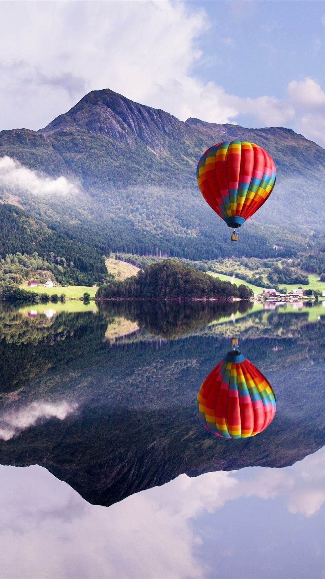 Mountain, lake, hot air balloon, water reflection 1080x1920 iPhone