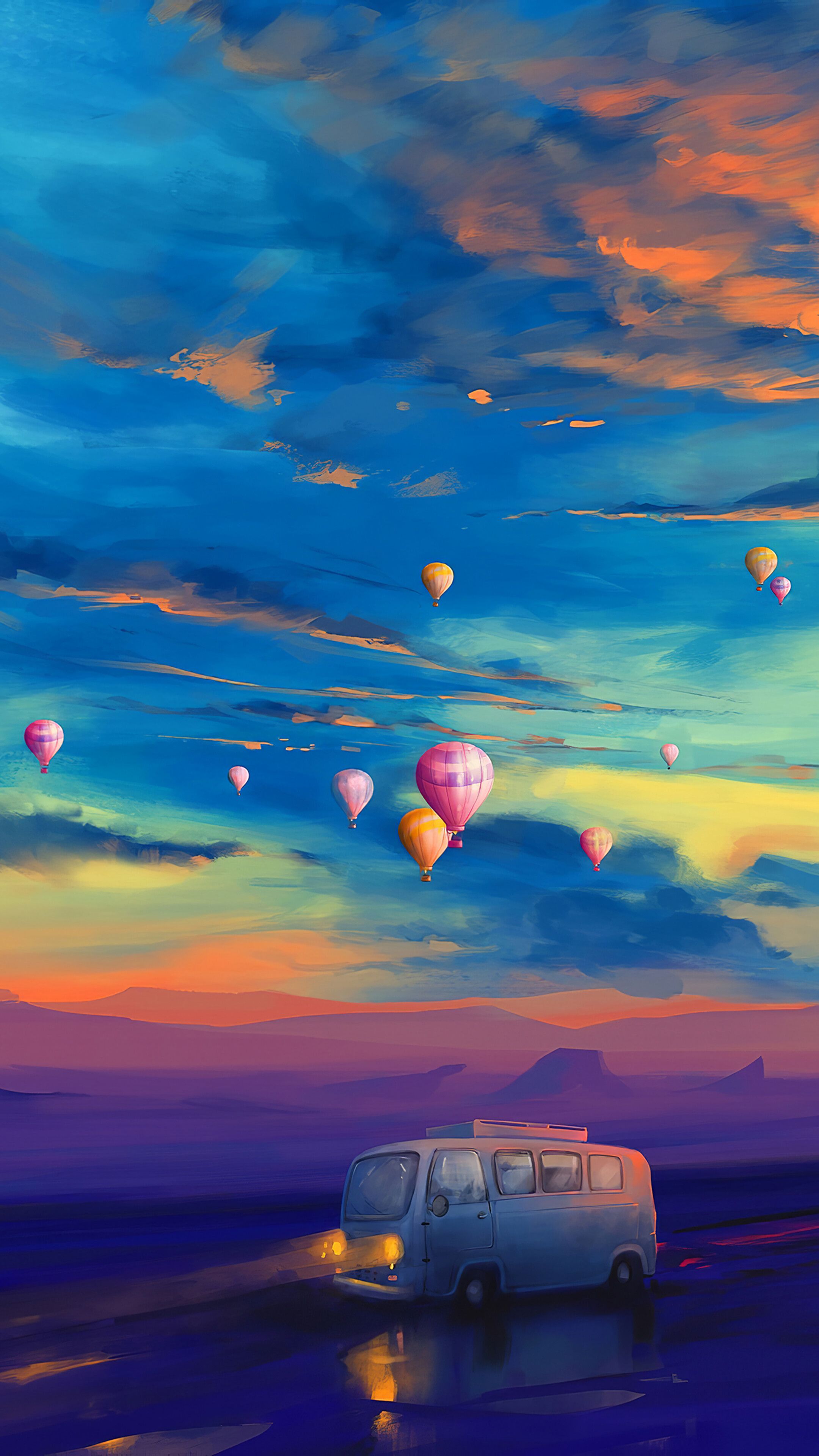 Colorful, Scenery, Van, Hot Air Balloon, Illustration