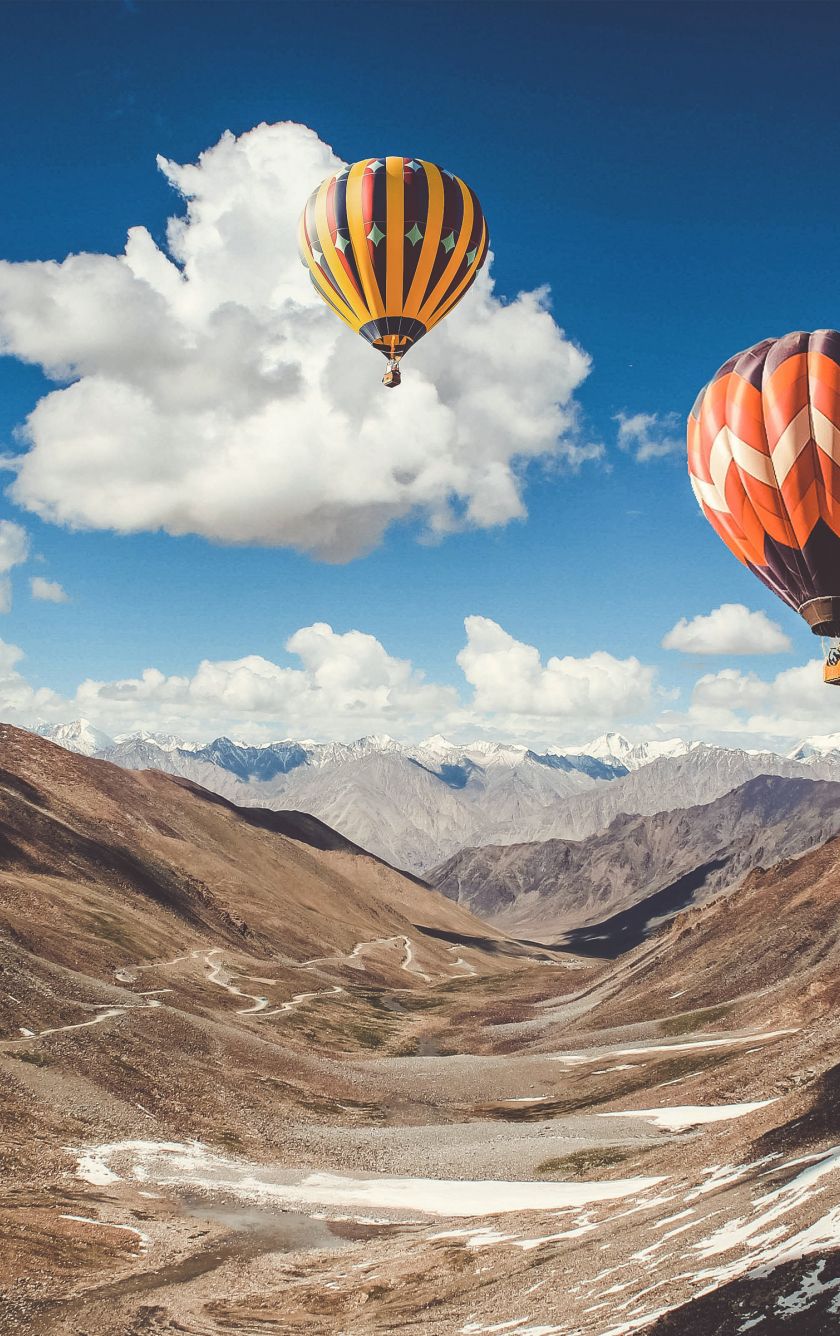 Download 840x1336 wallpaper hot air balloon, ride, leh, mountains