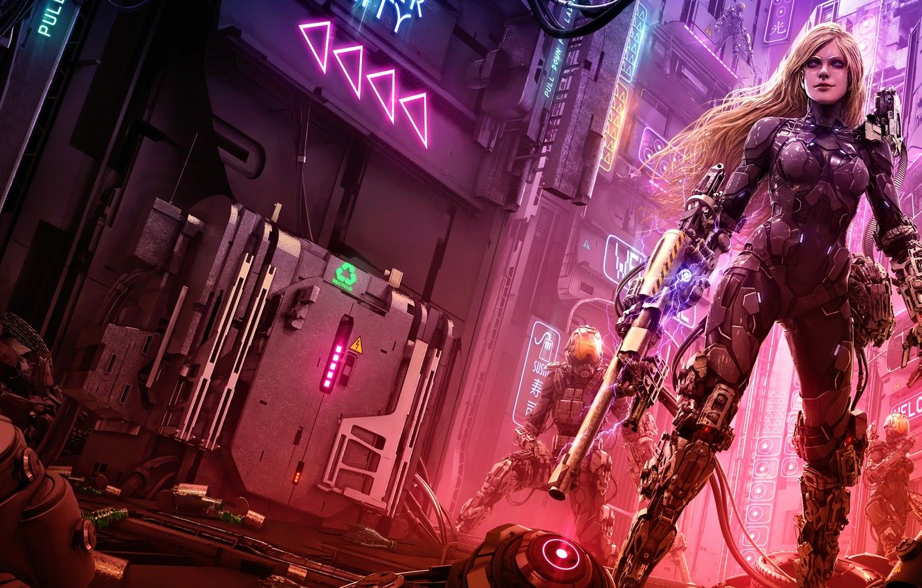 Wallpaper art, neon, cyberpunk, women, blonde, cityscape, futuristic, futuristic armor image for desktop, section фантастика
