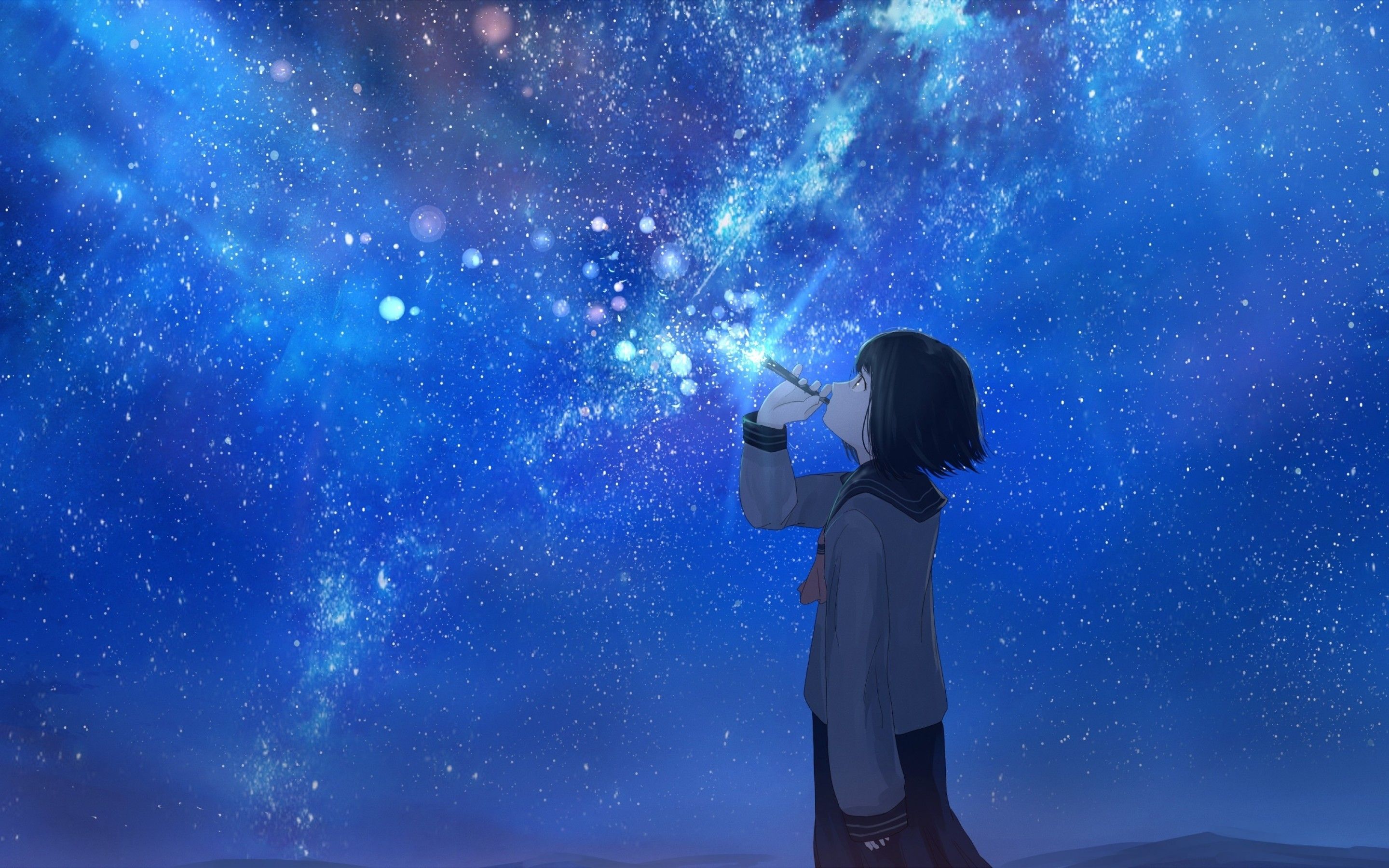 Download 2880x1800 Anime Milky Way, Night, Anime Girl, Short Hair