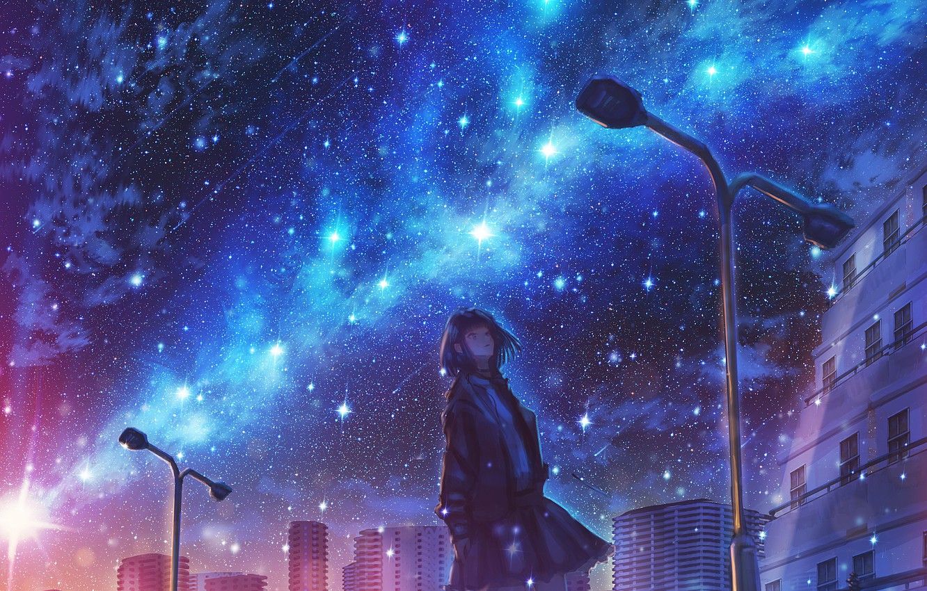 Wallpaper girl, night, the city, the milky way image for desktop