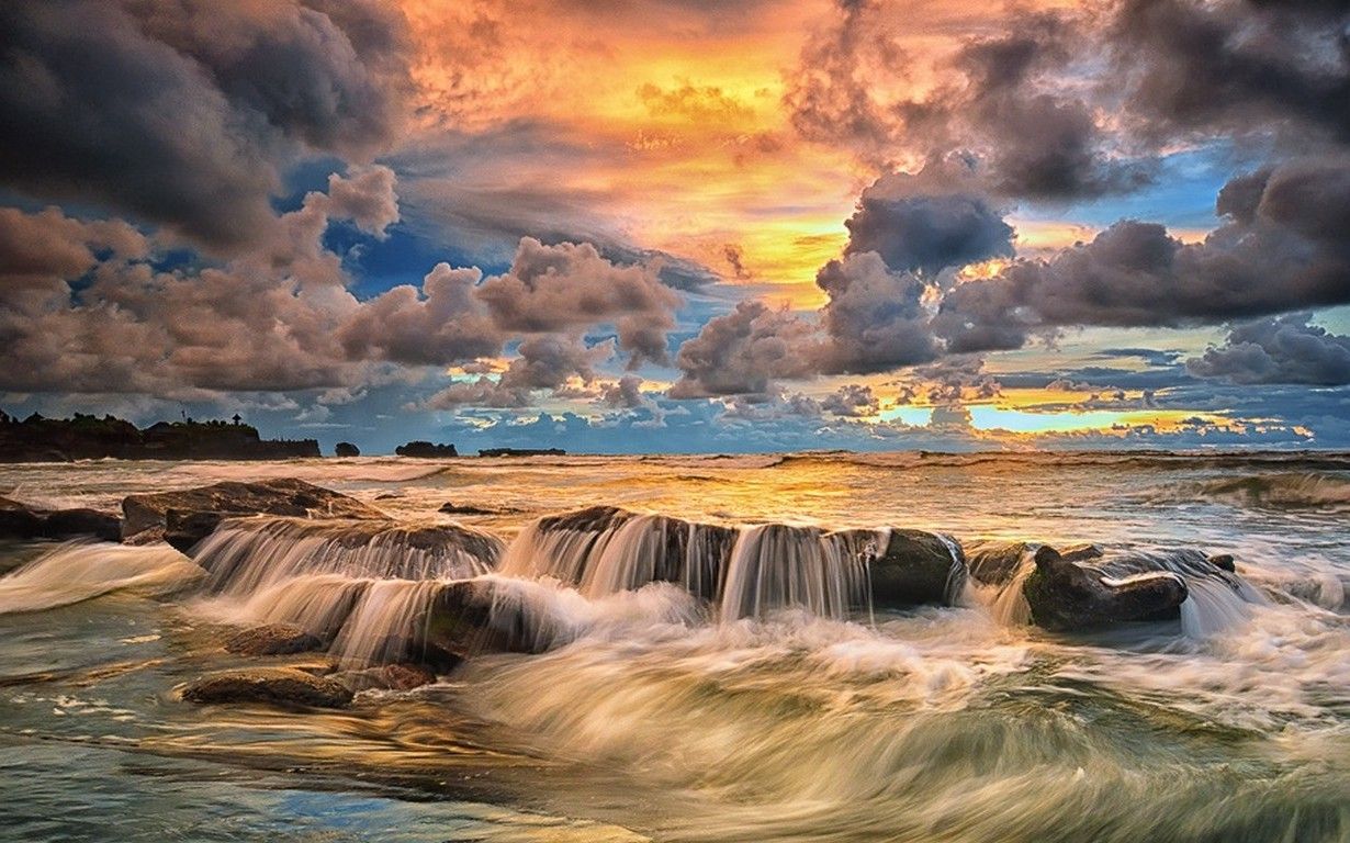 nature, Landscape, Sunset, Coast, Beach, Sky, Clouds, Sea, Rock, Bali, Indonesia, Tropical Wallpaper HD / Desktop and Mobile Background
