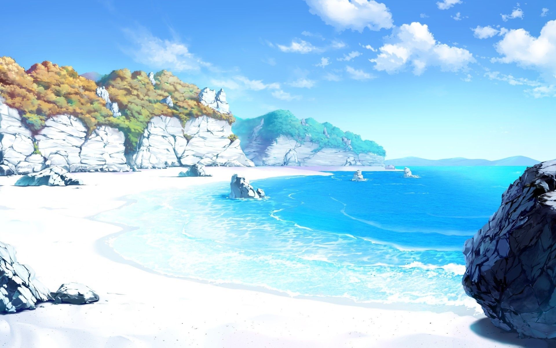 clouds, #drawing, #beach, #coast, #sea, #landscape, #rock, #sky, #artwork, #sand, wallpaper. Water illustration, Anime scenery wallpaper, Scenery wallpaper