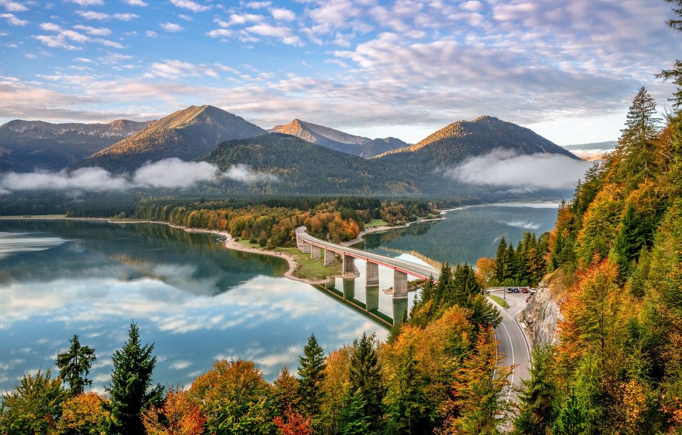 Wallpaper road, autumn, forest, mountains, bridge, lake, Germany