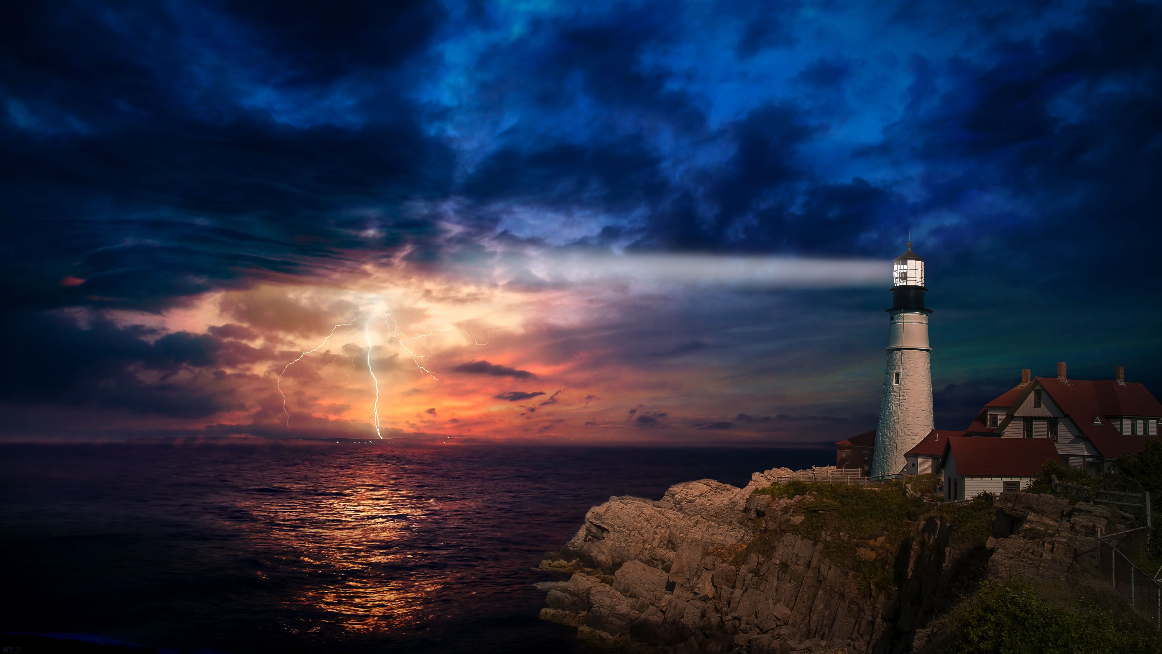 Sunset Lighthouse 4K Wallpaper