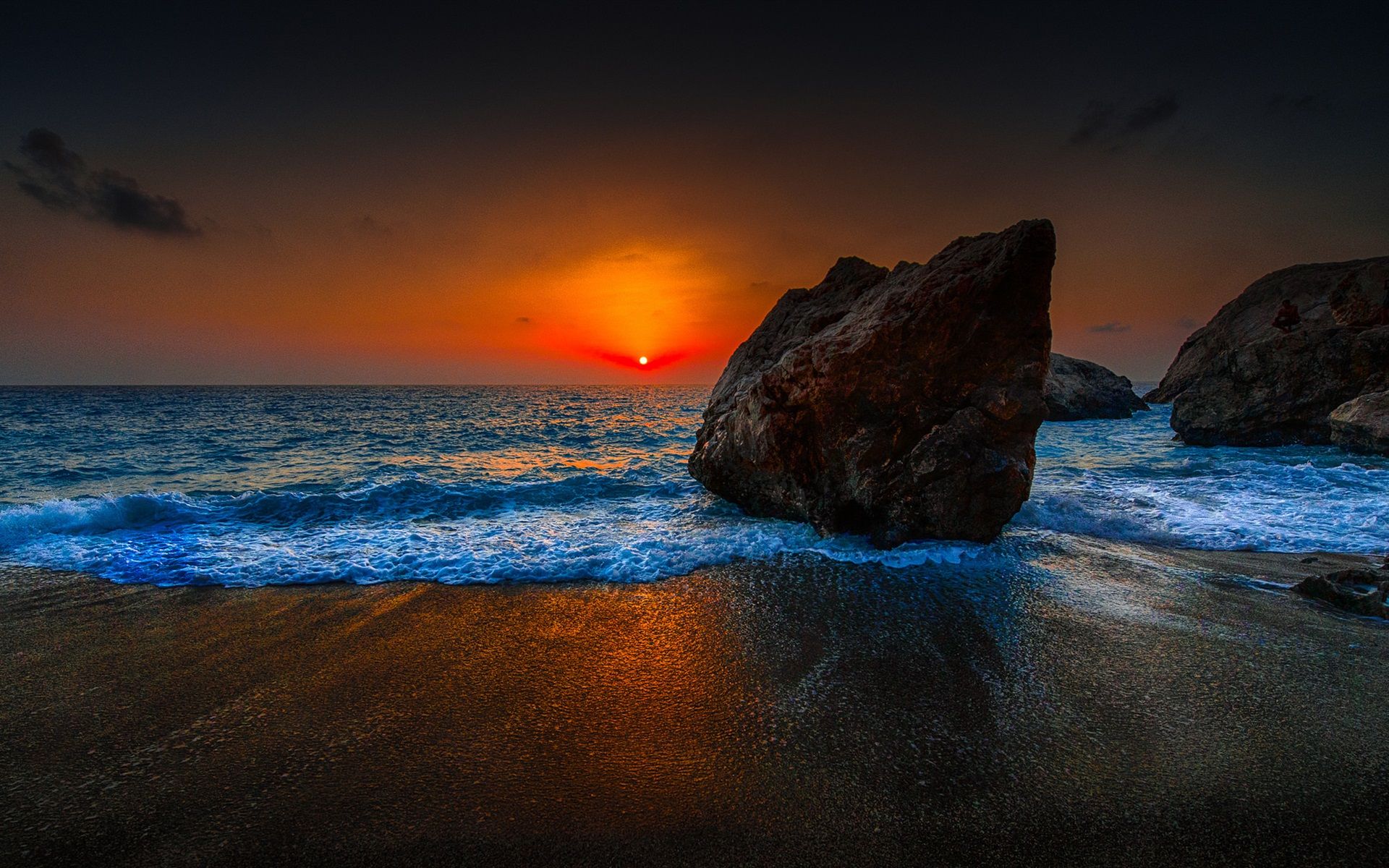 Wallpaper Sunset beach, red sky, clouds, sea, stones, dusk