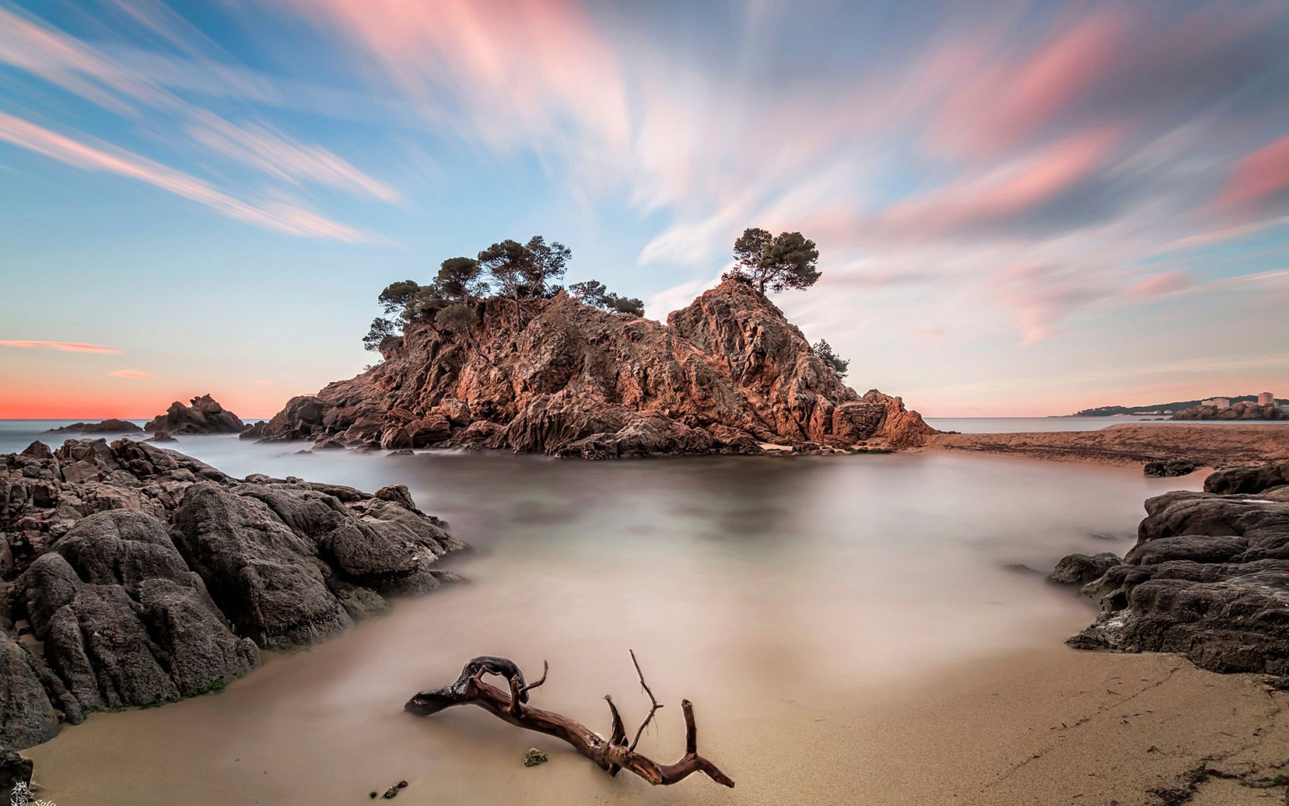 Sea Coast Beach Sky Clouds Trees Rock Wallpaper HD 06821