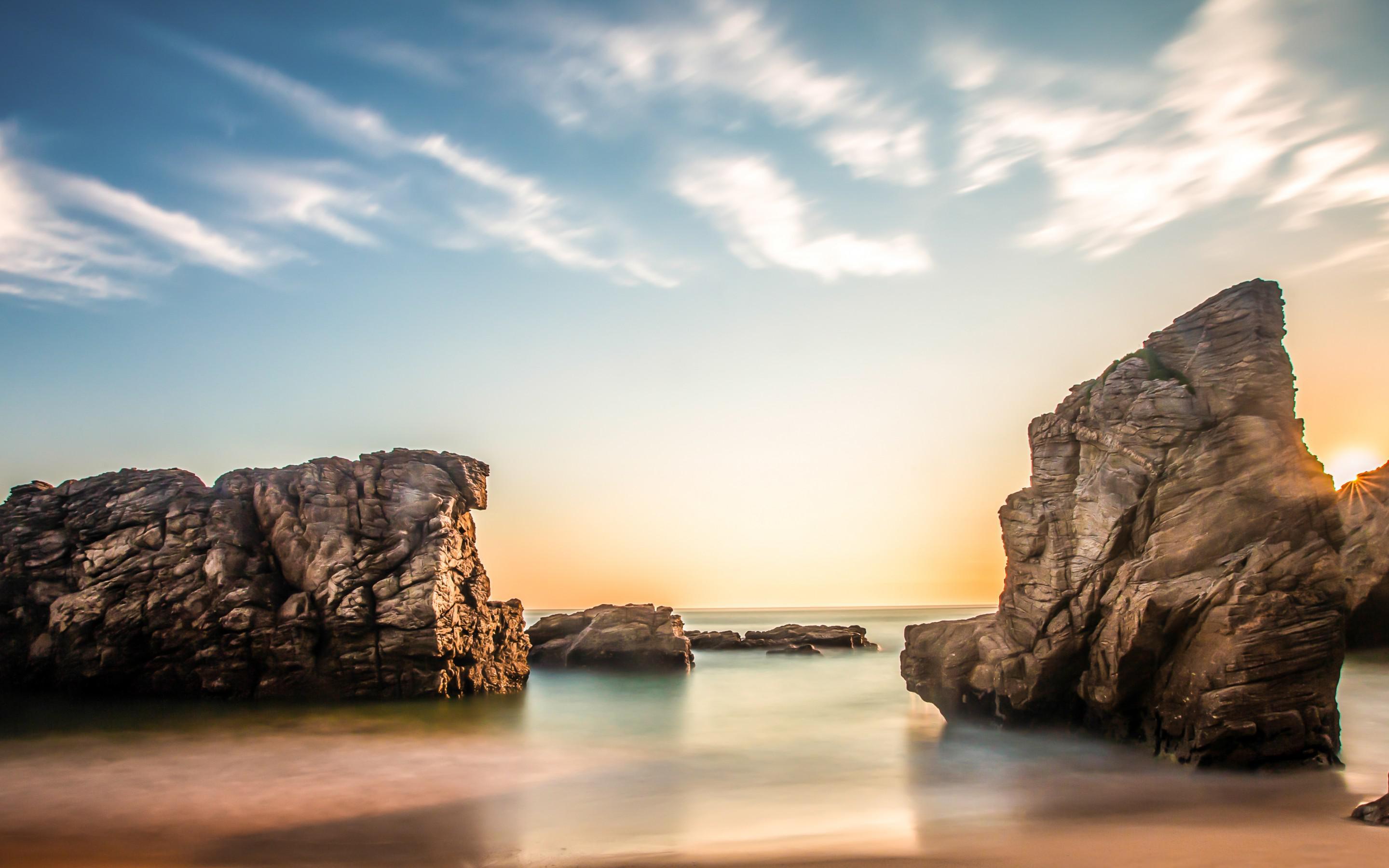 Sea Beach Rocks Sun Sunrise Morning Sky Clouds Best HD desktop