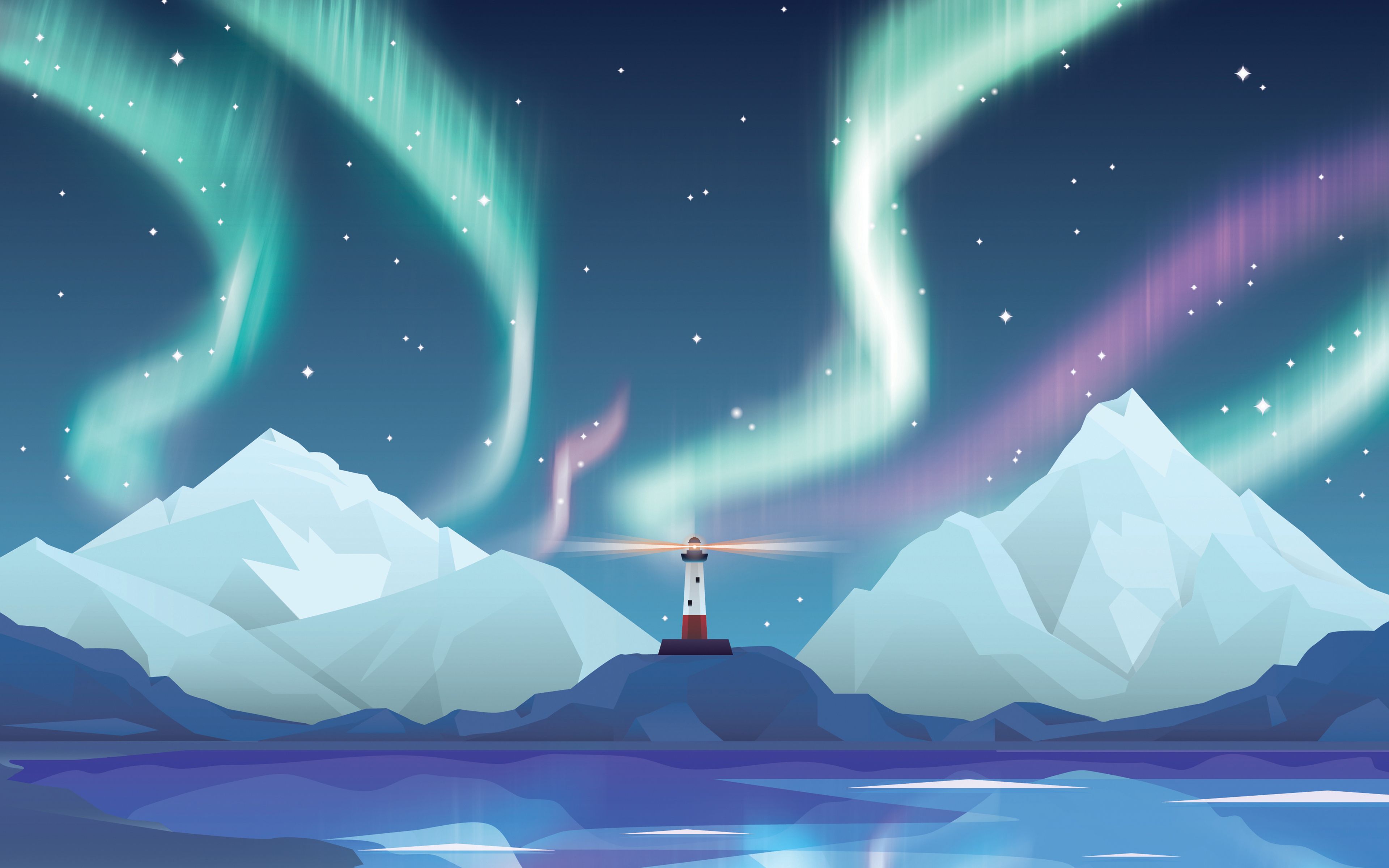 Aurora & Lighthouse 4K Wallpaper