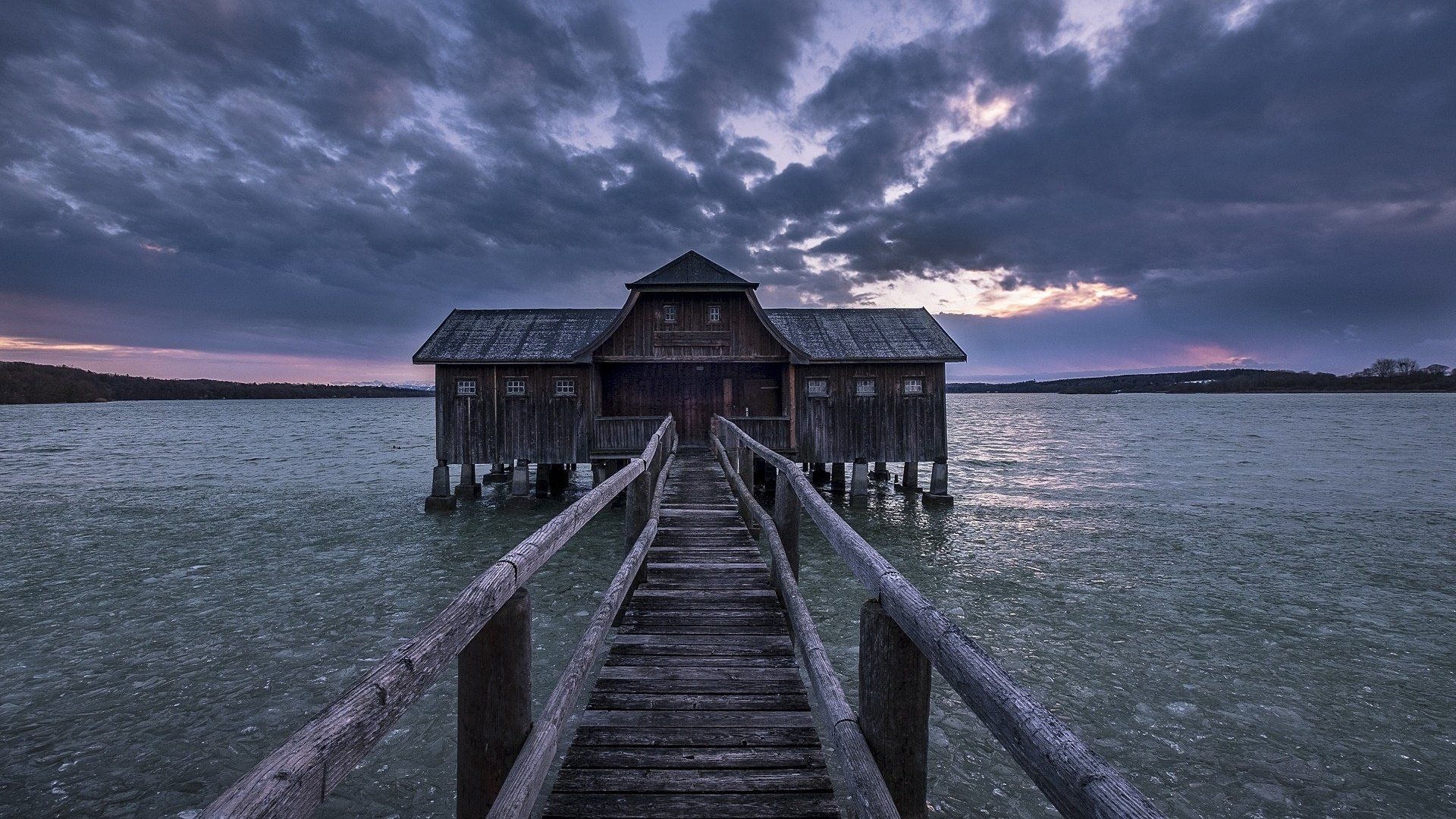 Dark Clouds over Boathouse Pier HD Wallpaper. Background Image