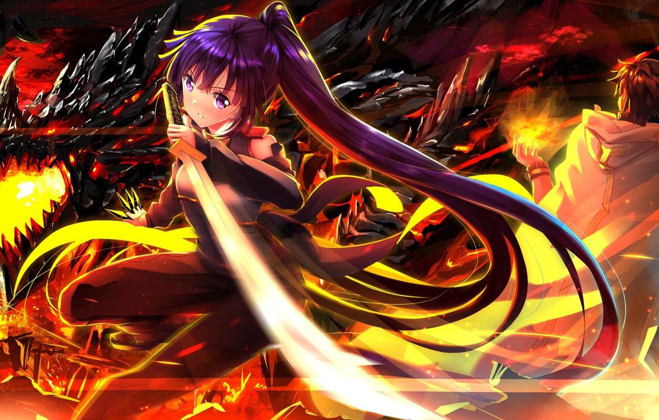 Wallpaper girl, weapons, fire, magic, dragon, katana, anime, art