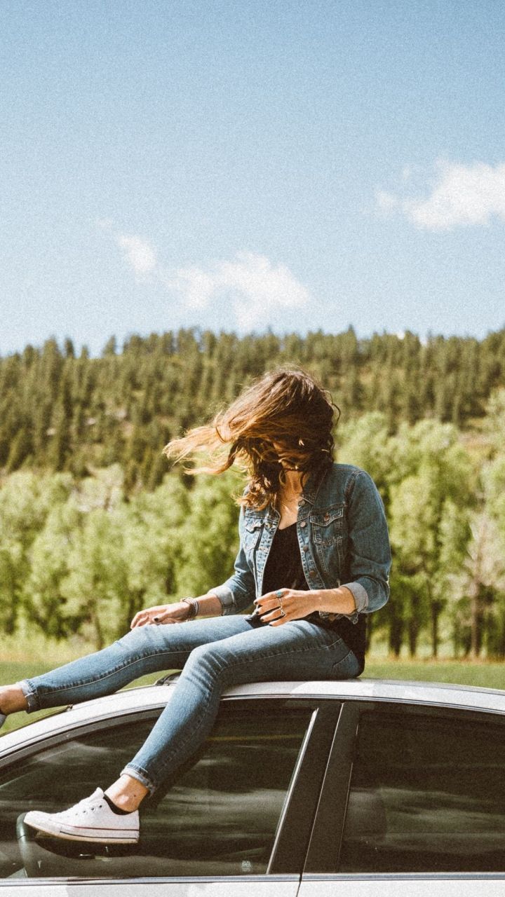 Girl on car, forest, travel, 720x1280 wallpaper. Road trip, Trip, Travel iphone