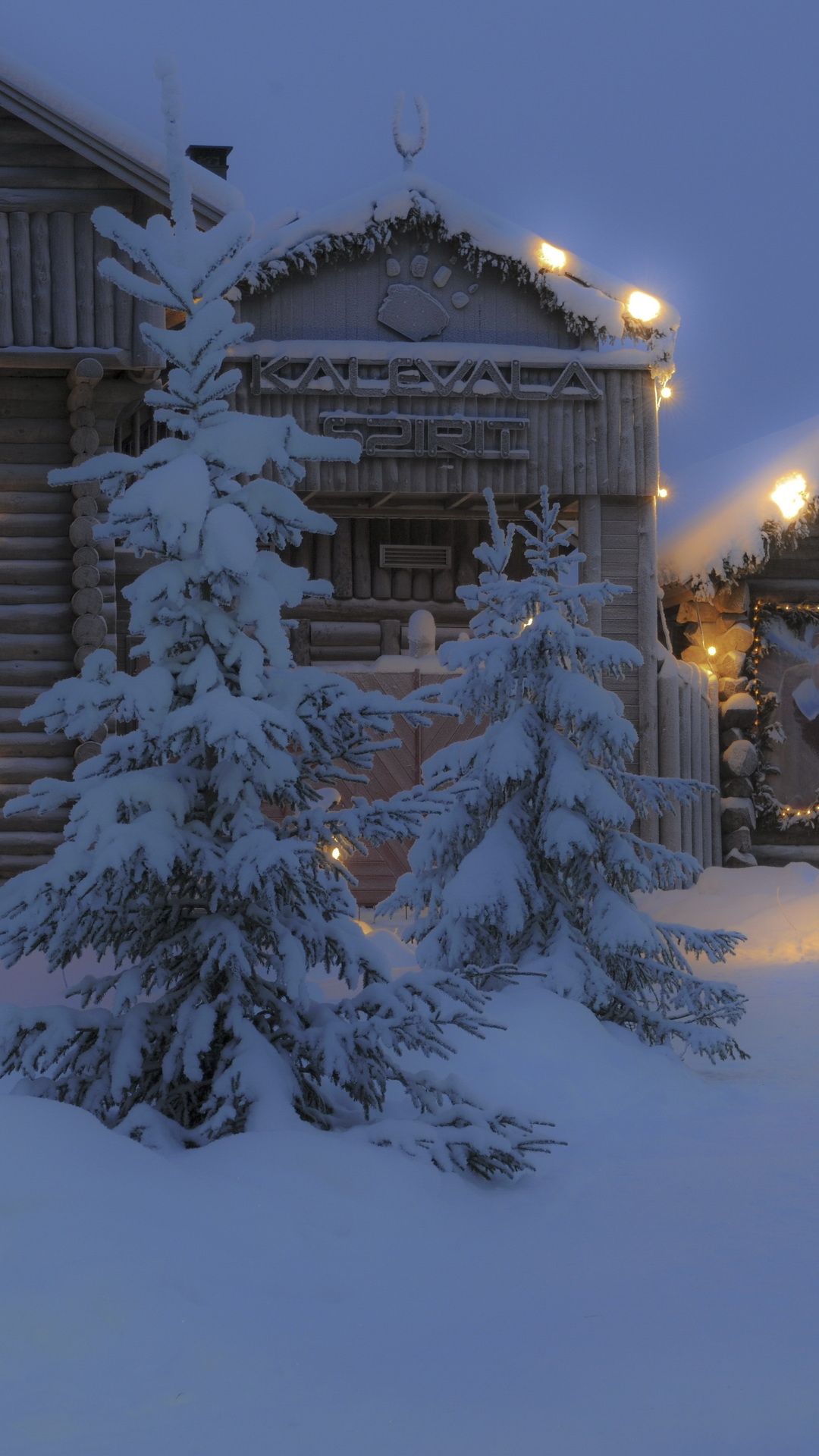 night, finland, winter, trees, snow, house, lapland