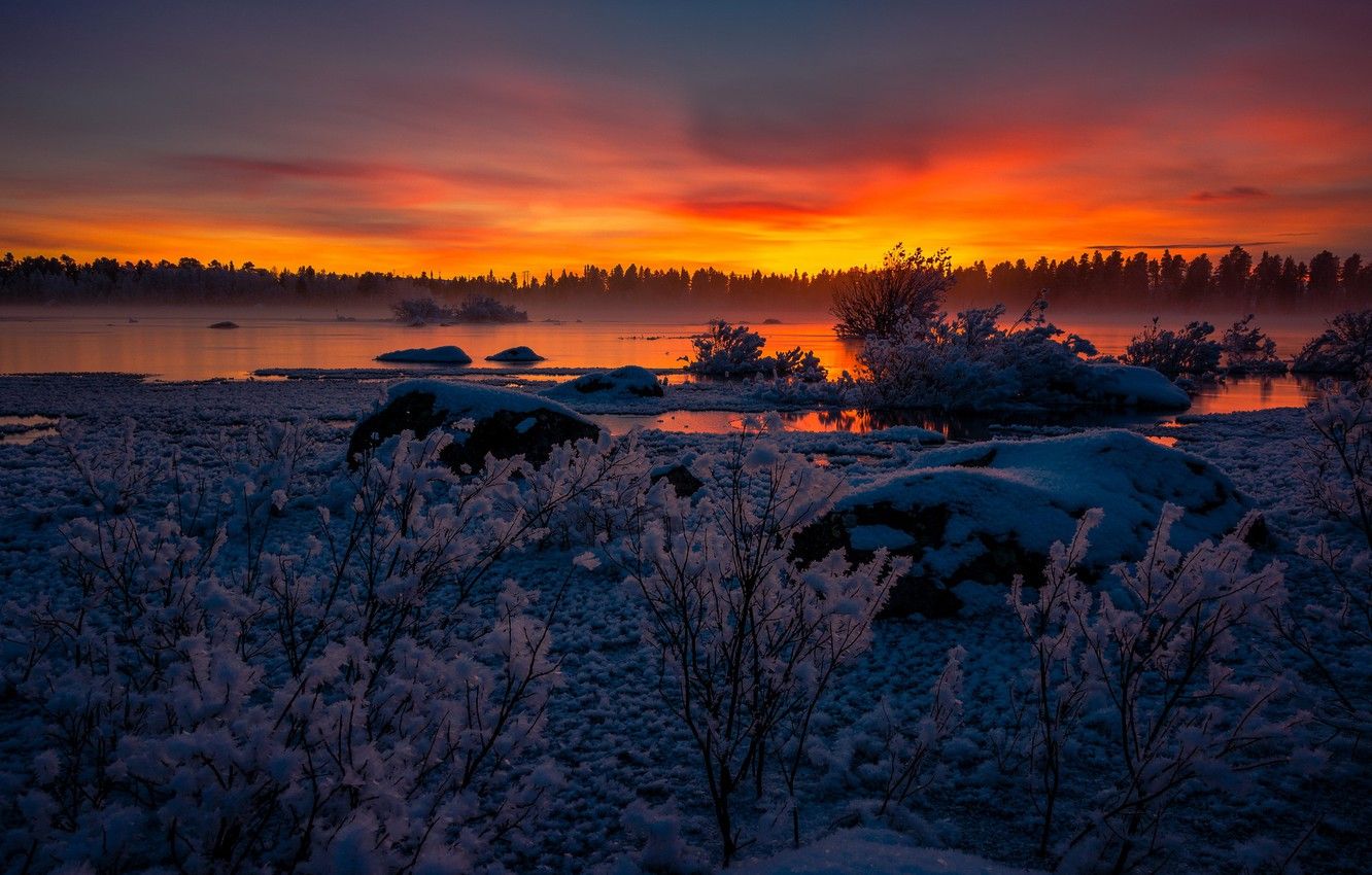 Wallpaper winter, sunset, river, Sweden, Sweden, frozen, Lapland