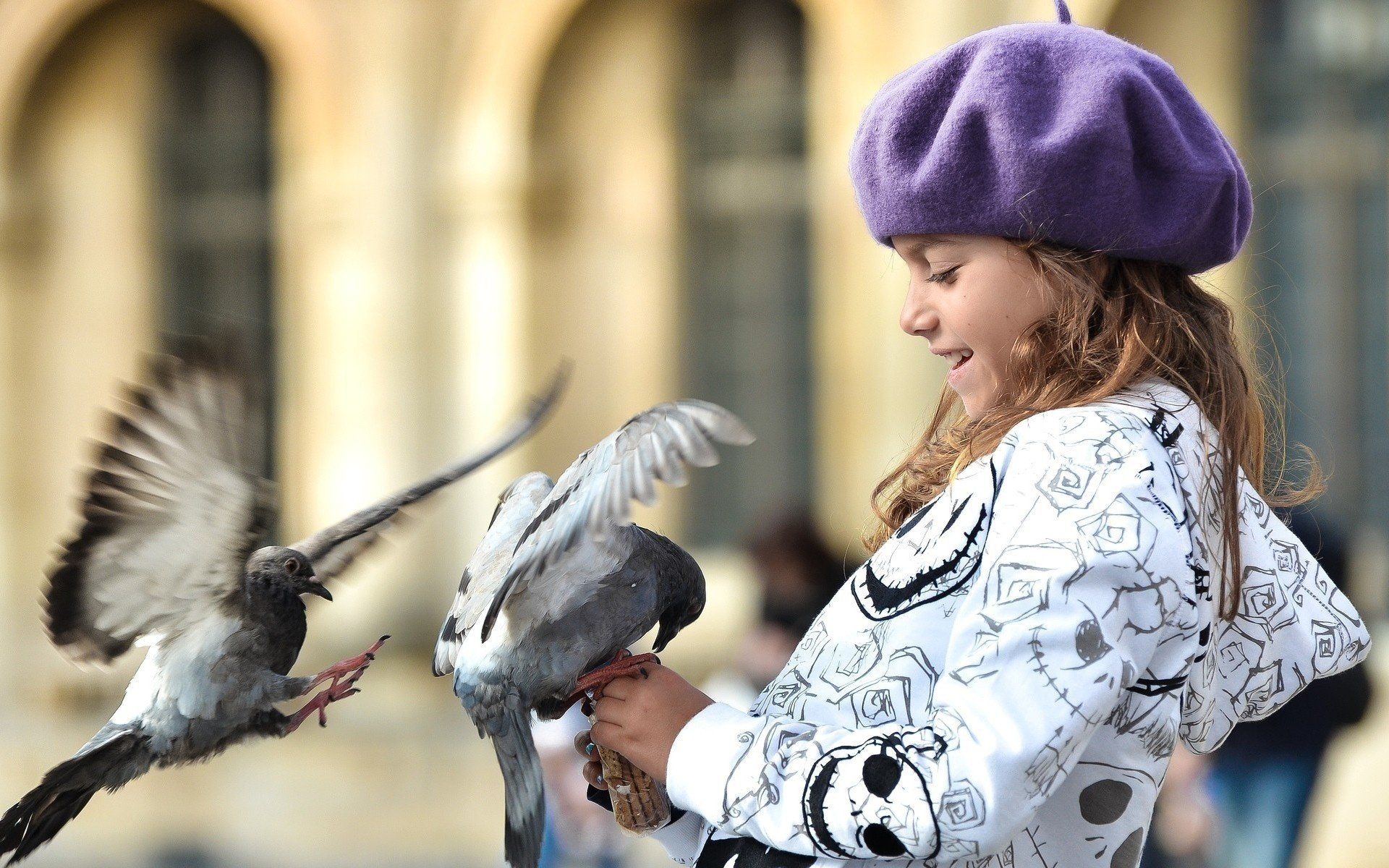 Mood children girl bird birds pigeon pigeons hat smile blur walk