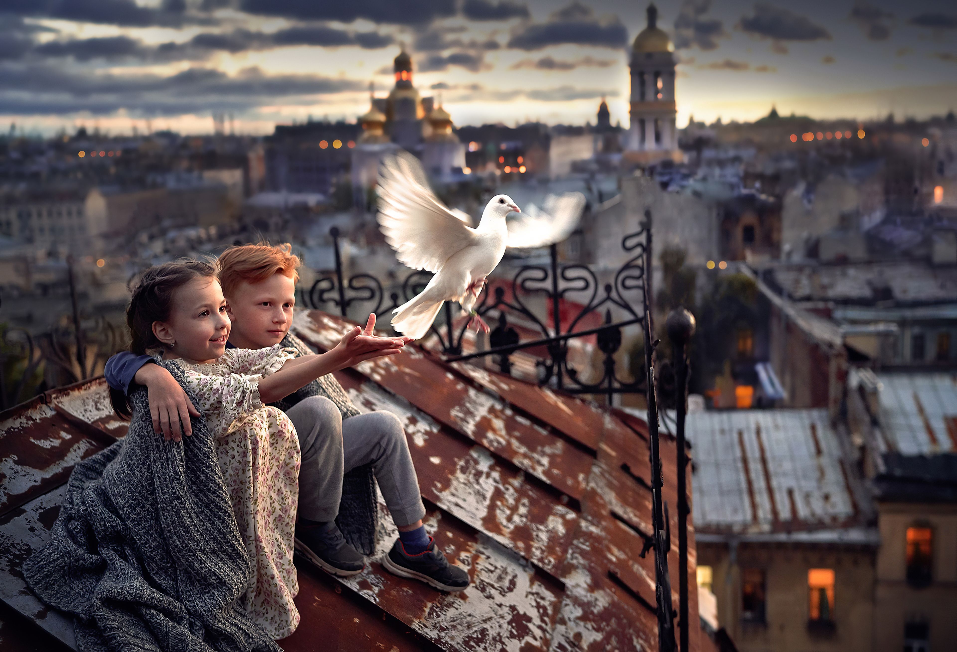 Little Boy And Girl Pigeon Roof 4k, HD Photography, 4k Wallpaper