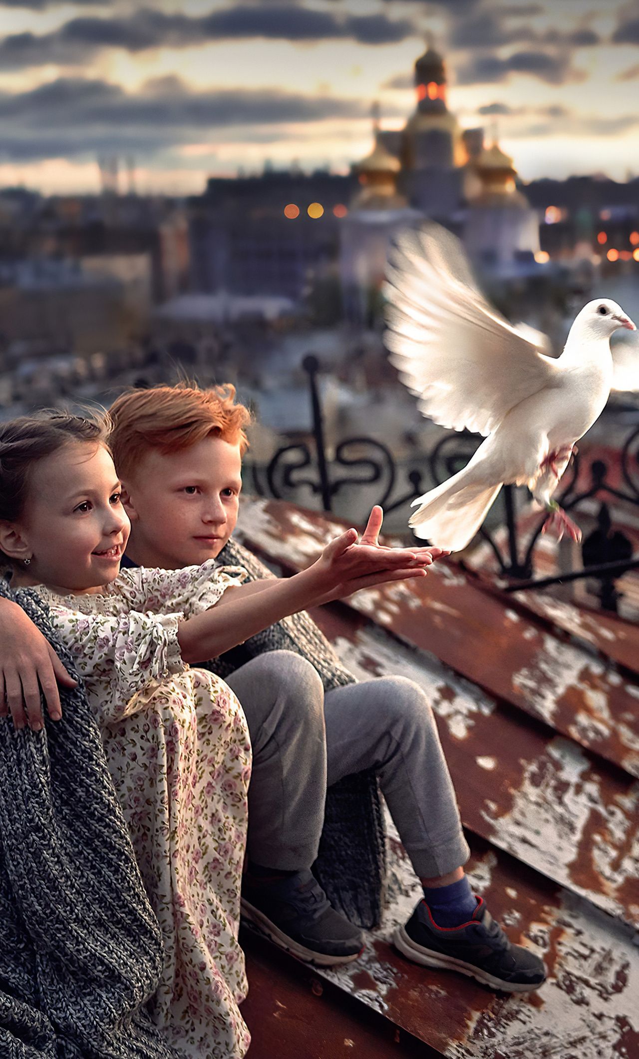 Little Boy And Girl Pigeon Roof 4k iPhone HD 4k