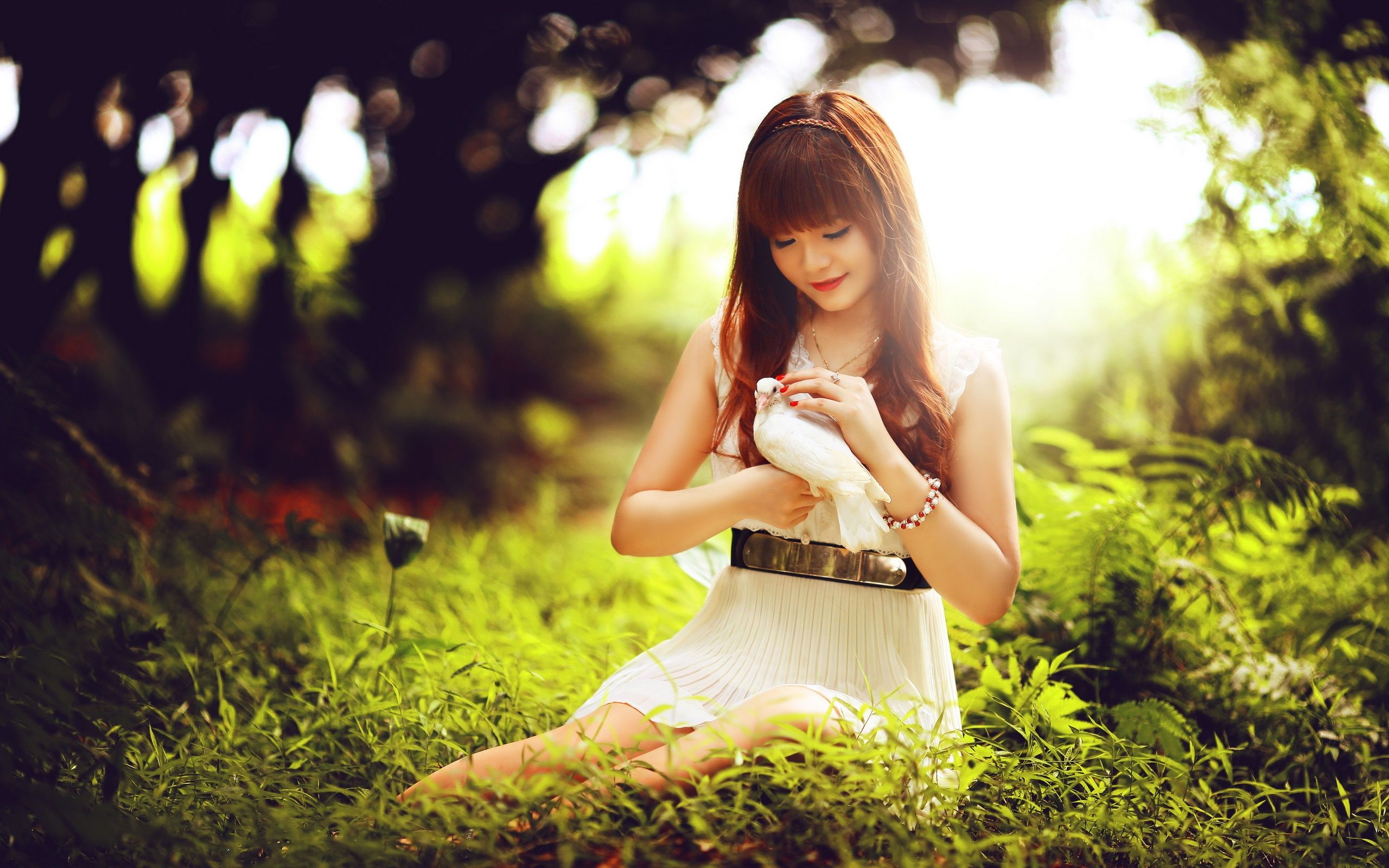 Wallpaper Lovely Asian girl and pigeon 2560x1600 HD Picture, Image