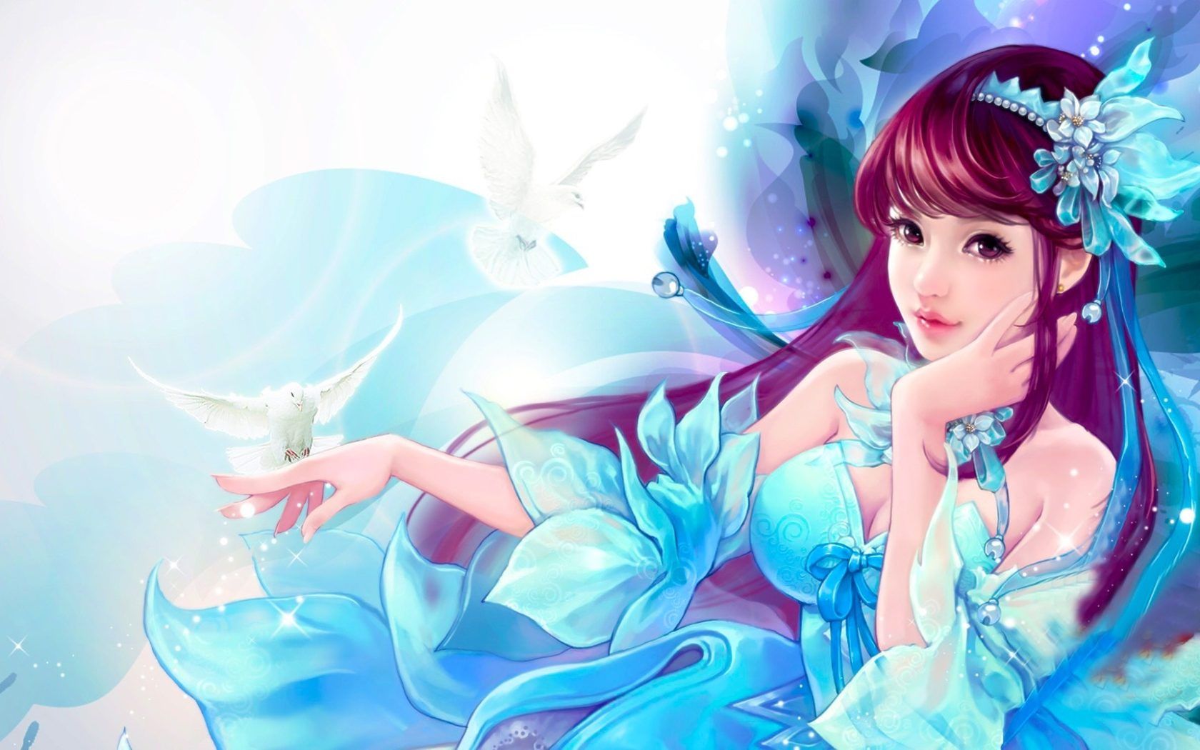 Beautiful girl in blue dress red hair white pigeon on hand fantasy