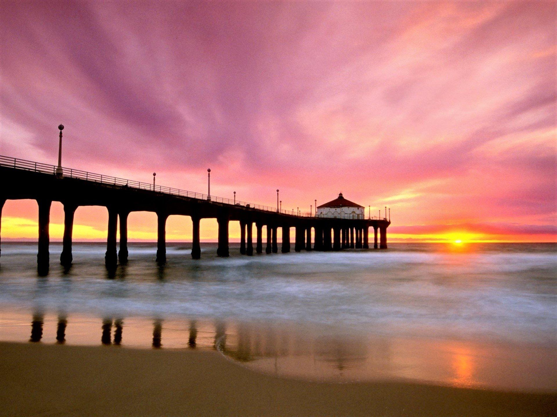 Pink Sunset over Ocean Pier HD Wallpaper