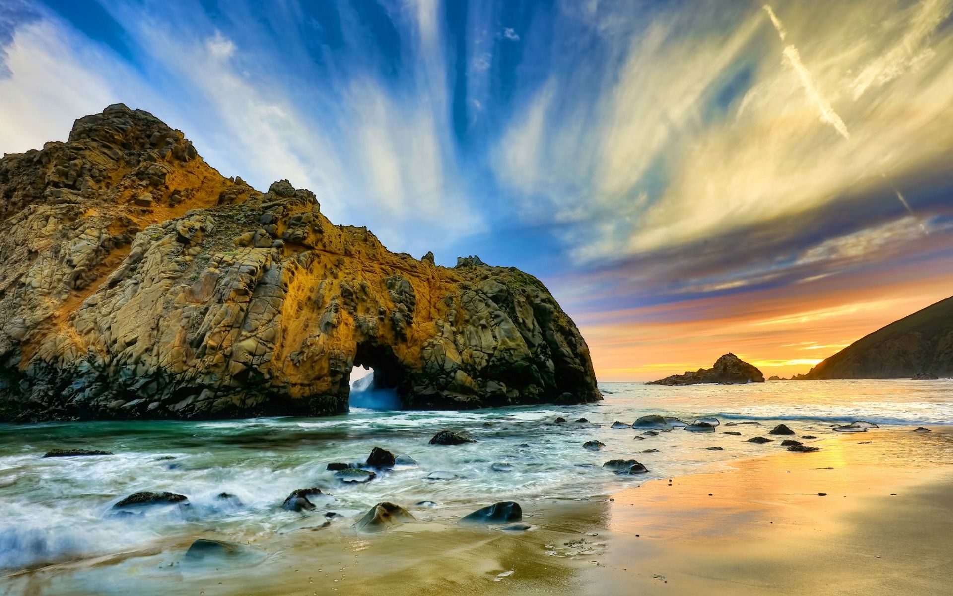 Download wallpaper Monterey, morning, coast, arch, rock, ocean
