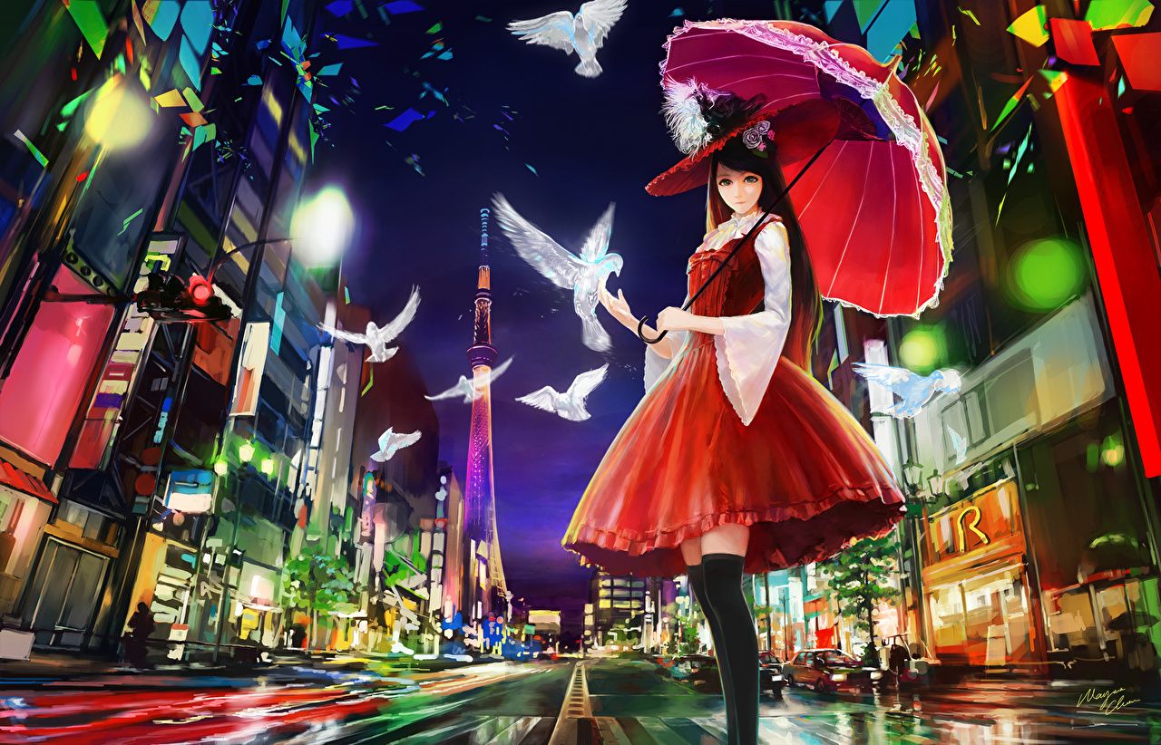 Desktop Wallpaper Pigeons Skirt Anime young woman Street parasol