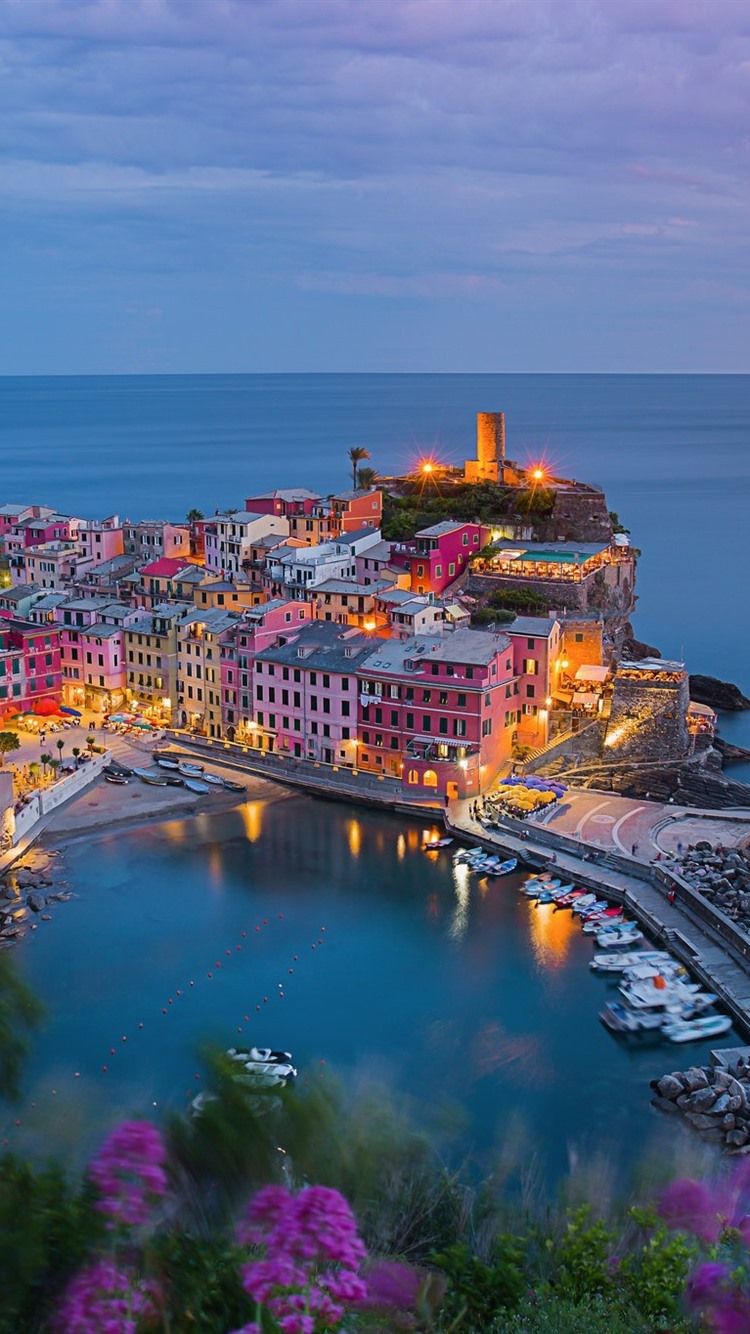 Vernazza, Italy, city, pier, houses, lights, top view 750x1334