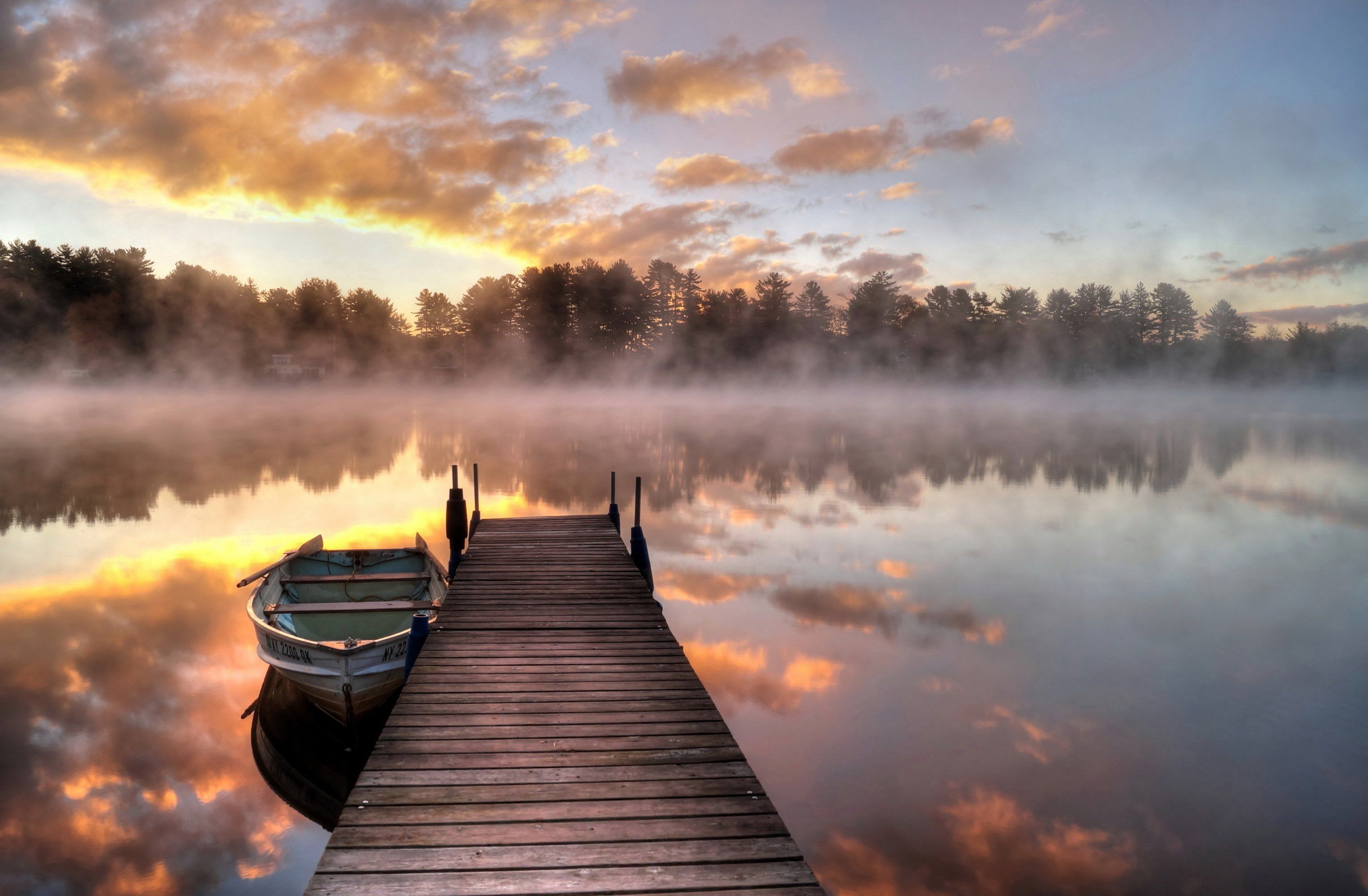 boat, Morning, Fog, Lake, Bridge, Pier, Dock, Reflection, Sunrise