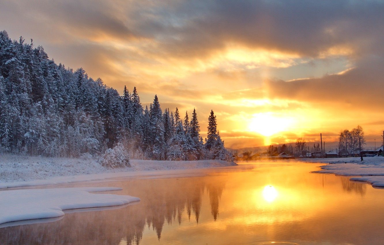 Wallpaper winter, forest, lake, sunrise, dawn, forest, Winter