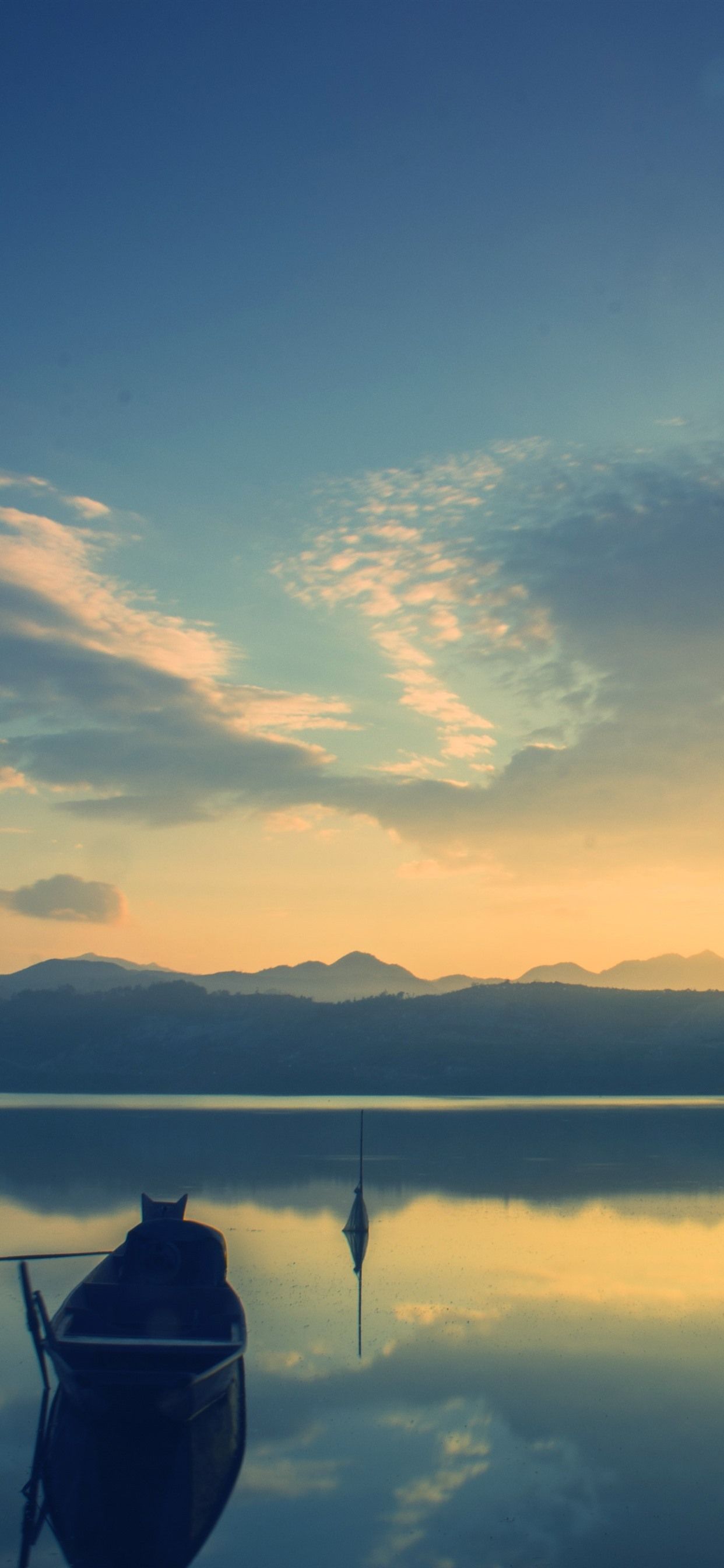 Lake, boats, mountains, sunrise, sky, clouds 1242x2688 iPhone 11