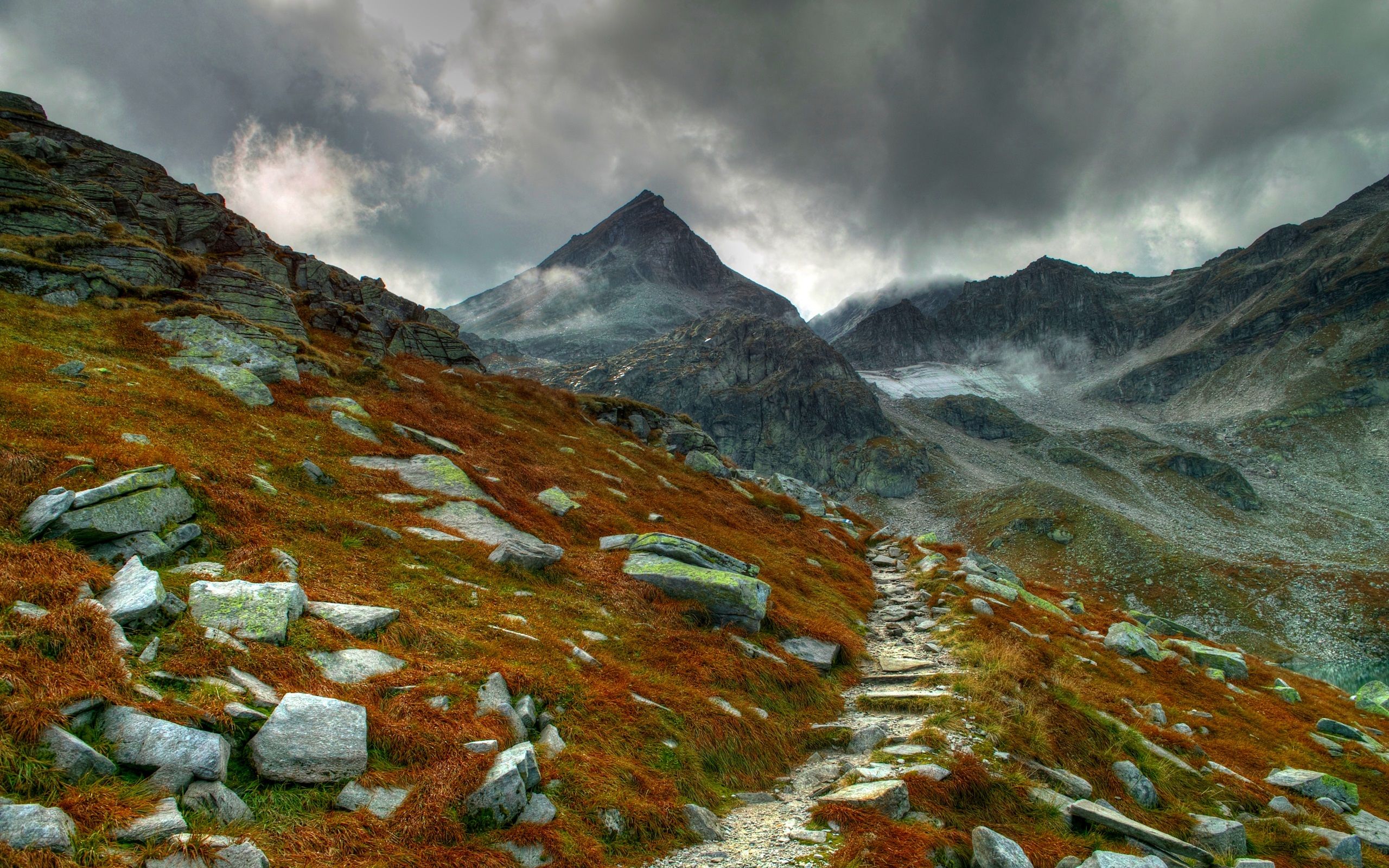 Wallpaper Mountain trail, mountains, rocks, grass, moss, clouds
