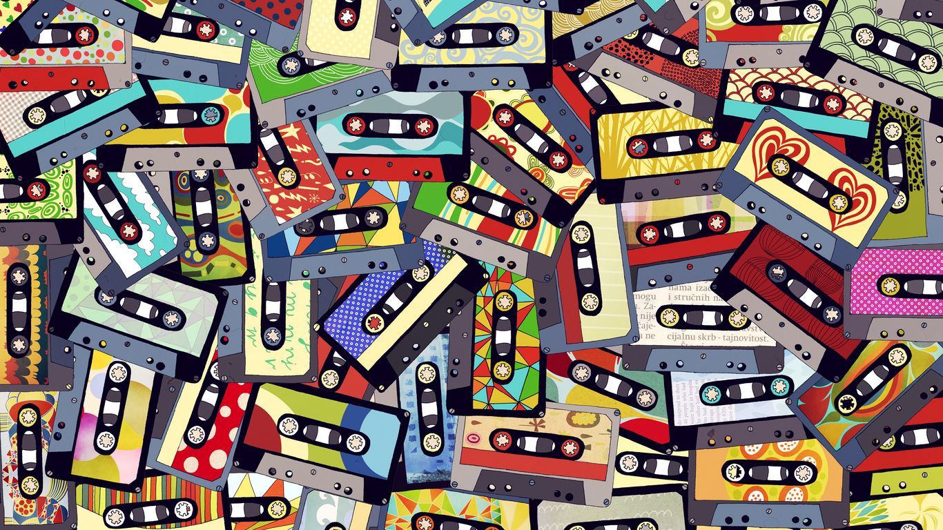 Download wallpaper 1366x768 audio cassettes, collage, colorful tablet, laptop HD background
