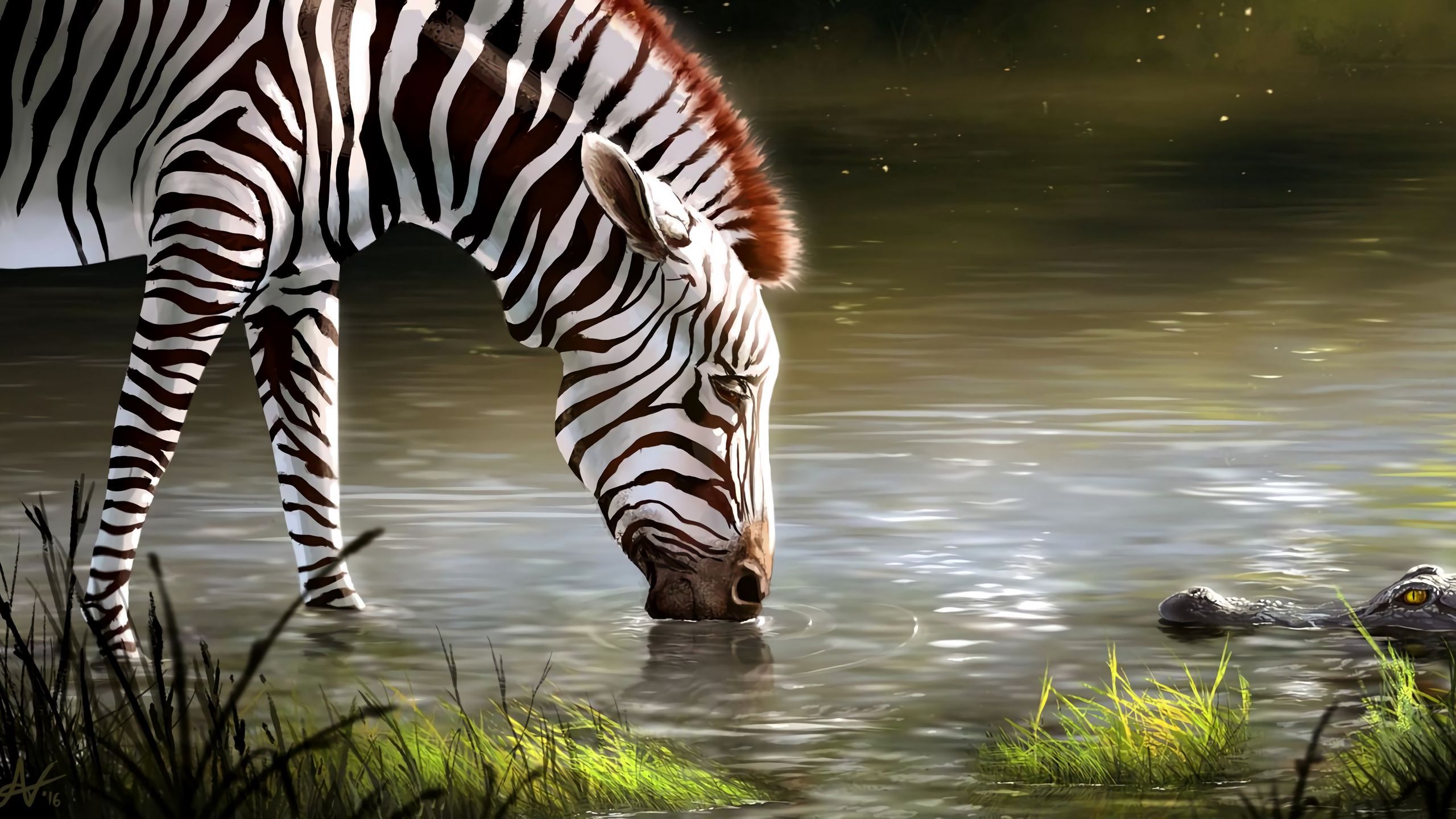 Download wallpaper 2560x1440 zebra, lake, art, animal, wildlife