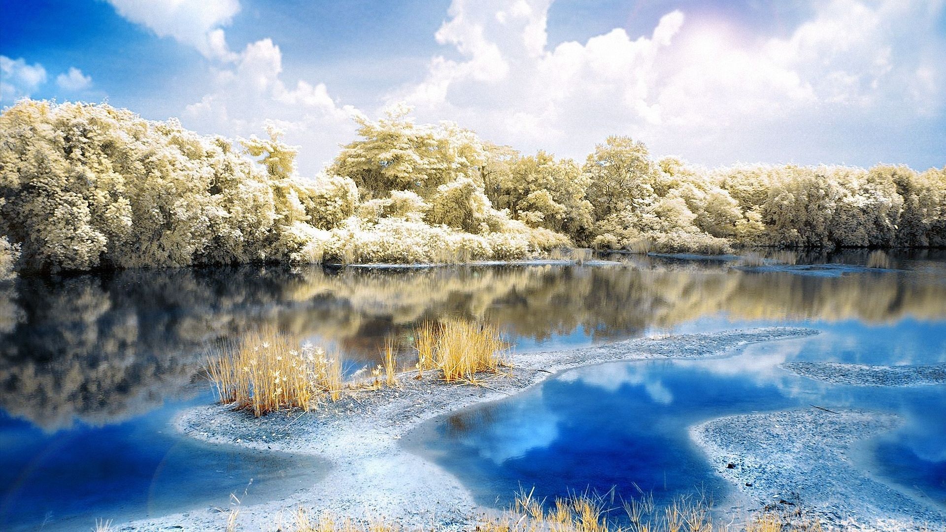 Download 1920x1080 HD Wallpaper river forest frost reflection cloud sweden, Desktop Background HD