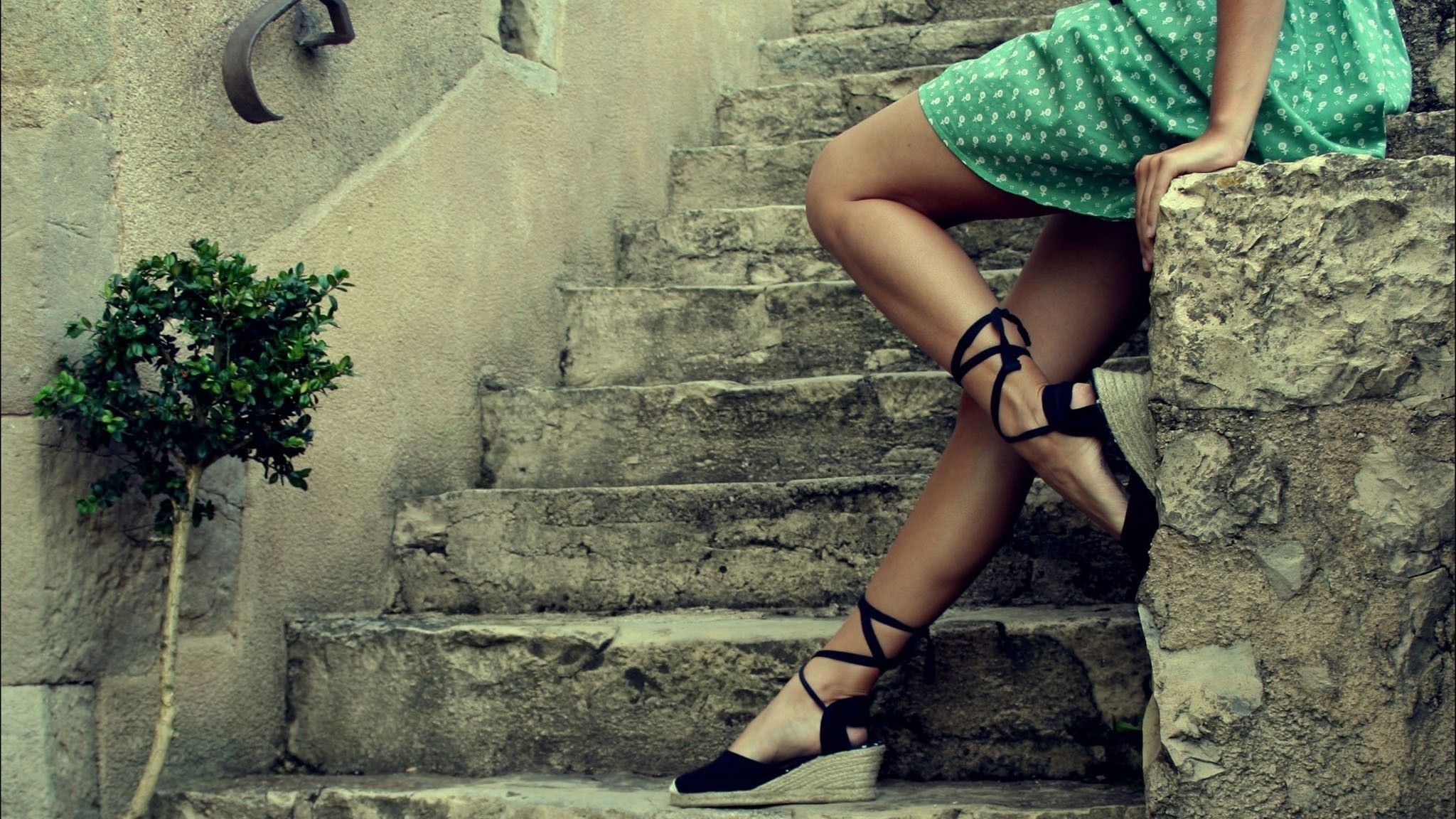 women, High Heels, Dress, Legs, Stairs, Wedge Shoes Wallpaper HD / Desktop and Mobile Background