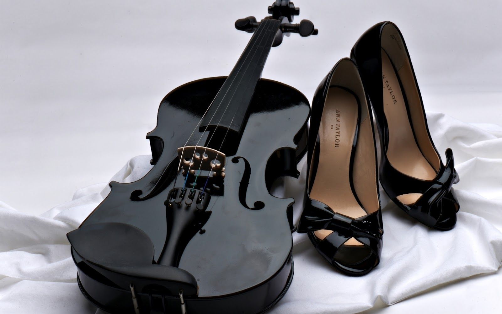 Download HD Wallpaper: Black Violin and Woman Shoes on White Sheet HD Wallpaper