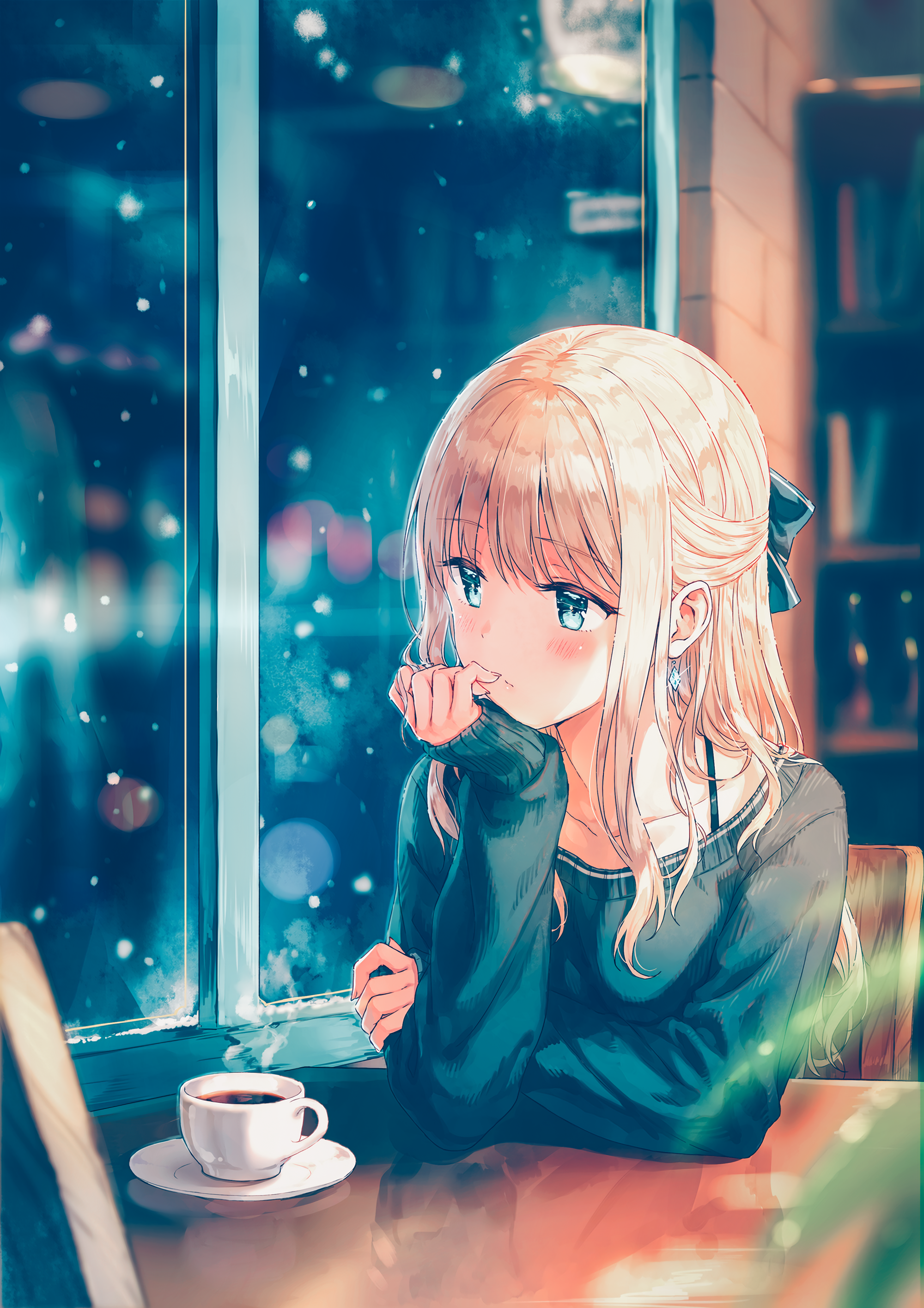 #anime, #long hair, #coffee, #anime girls, #sweater, #snow