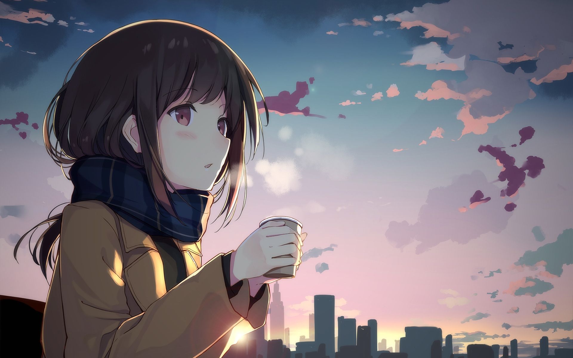 Desktop Wallpaper Cute Anime Girl Drinking Coffee, Anime, HD Image