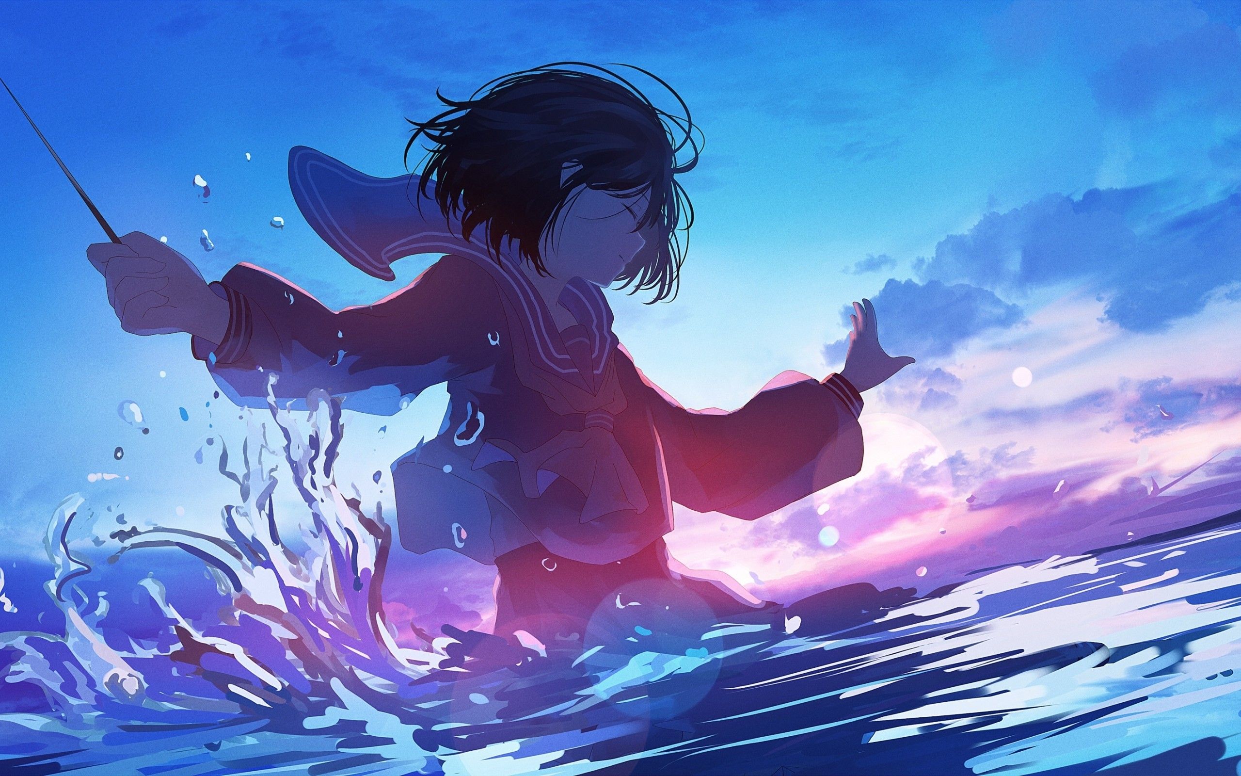 Download 2560x1600 Anime Girl, Ocean, Swimming, Closed Eyes, Water