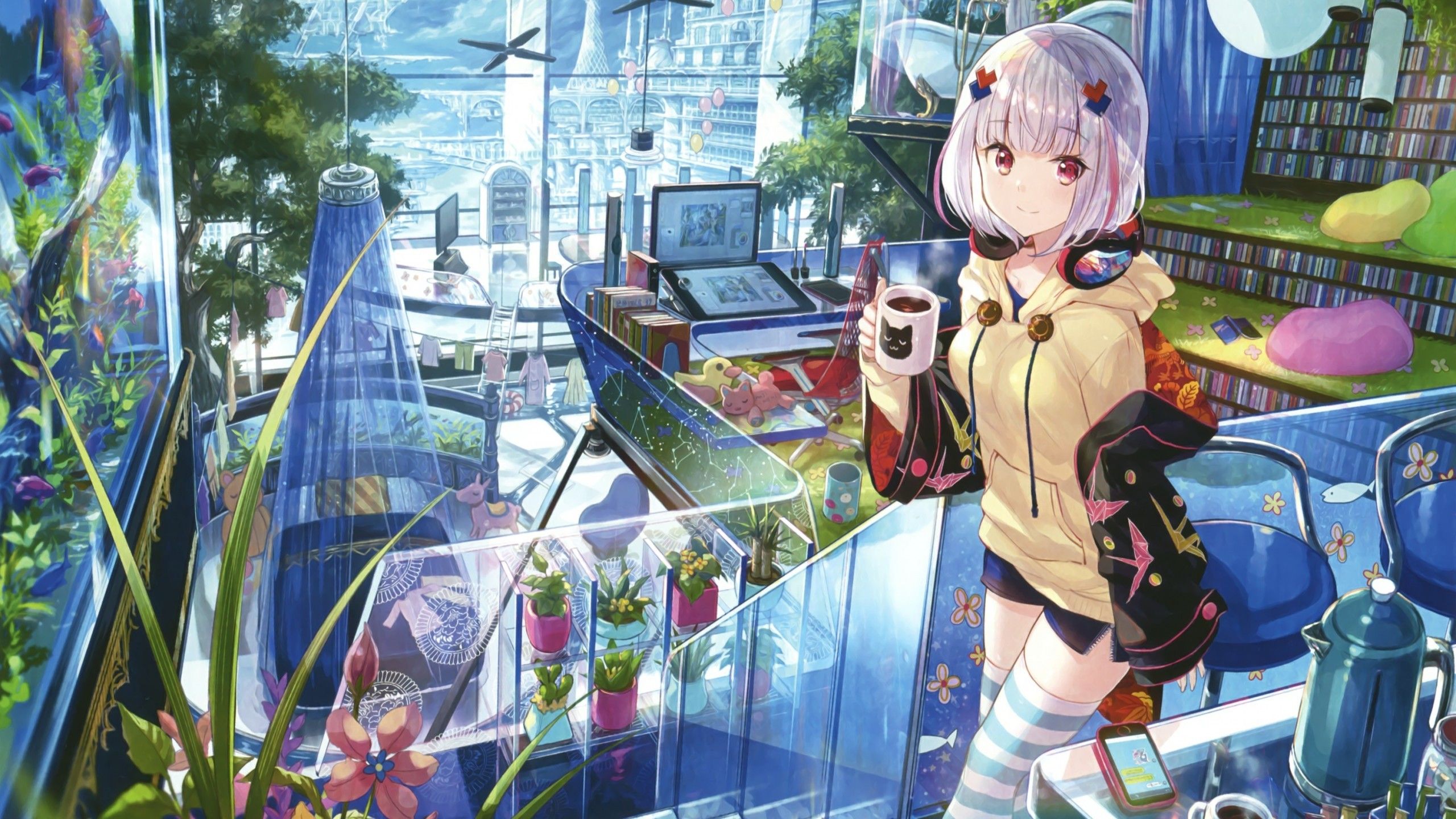 Download 2560x1440 Anime Girl, Futuristic City, Computer, Short Hair, Coffee Wallpaper for iMac 27 inch