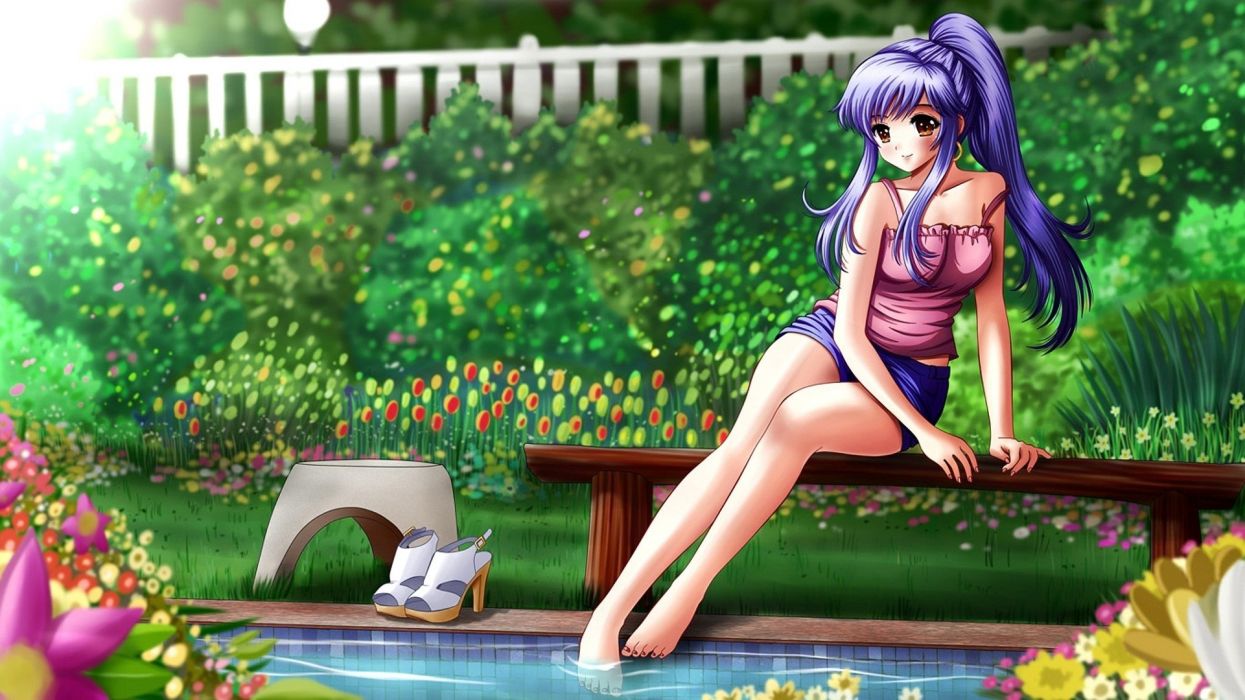 Garden purple hair anime swimming pools anime girls wallpaper